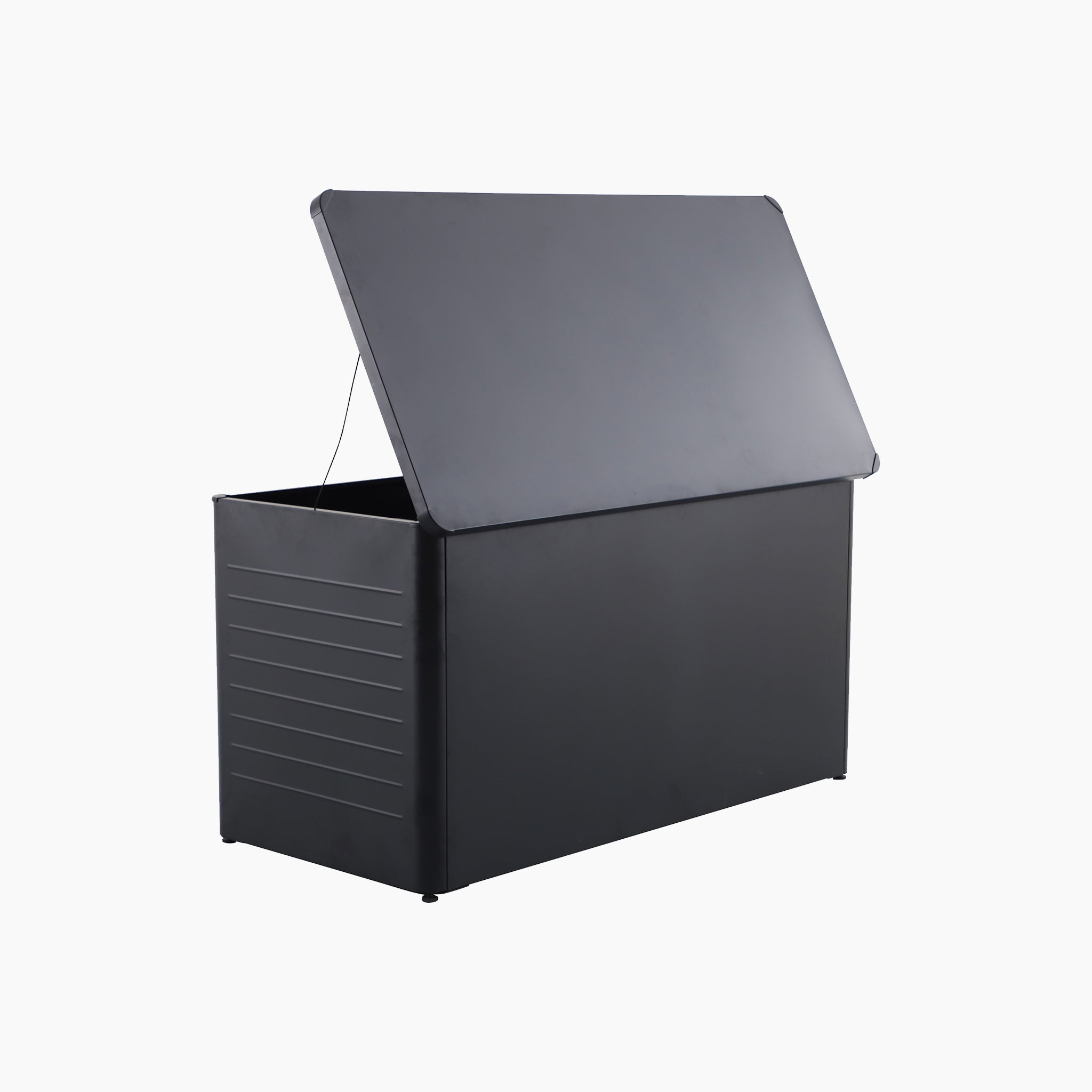 The Pacific Lifestyle - Rhode Island Large Outdoor Cushion Box in Black, crafted from durable galvanised steel, stands with its hinged lid open against a plain white background.