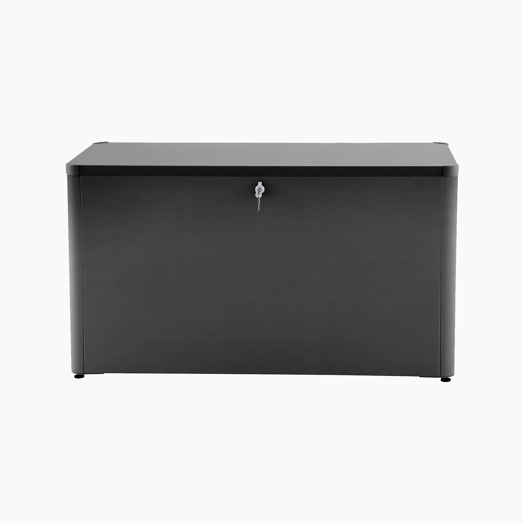 The Pacific Lifestyle Rhode Island Small Outdoor Cushion Box in Black is shown with a front lock, crafted from galvanised steel, set against a plain white background.