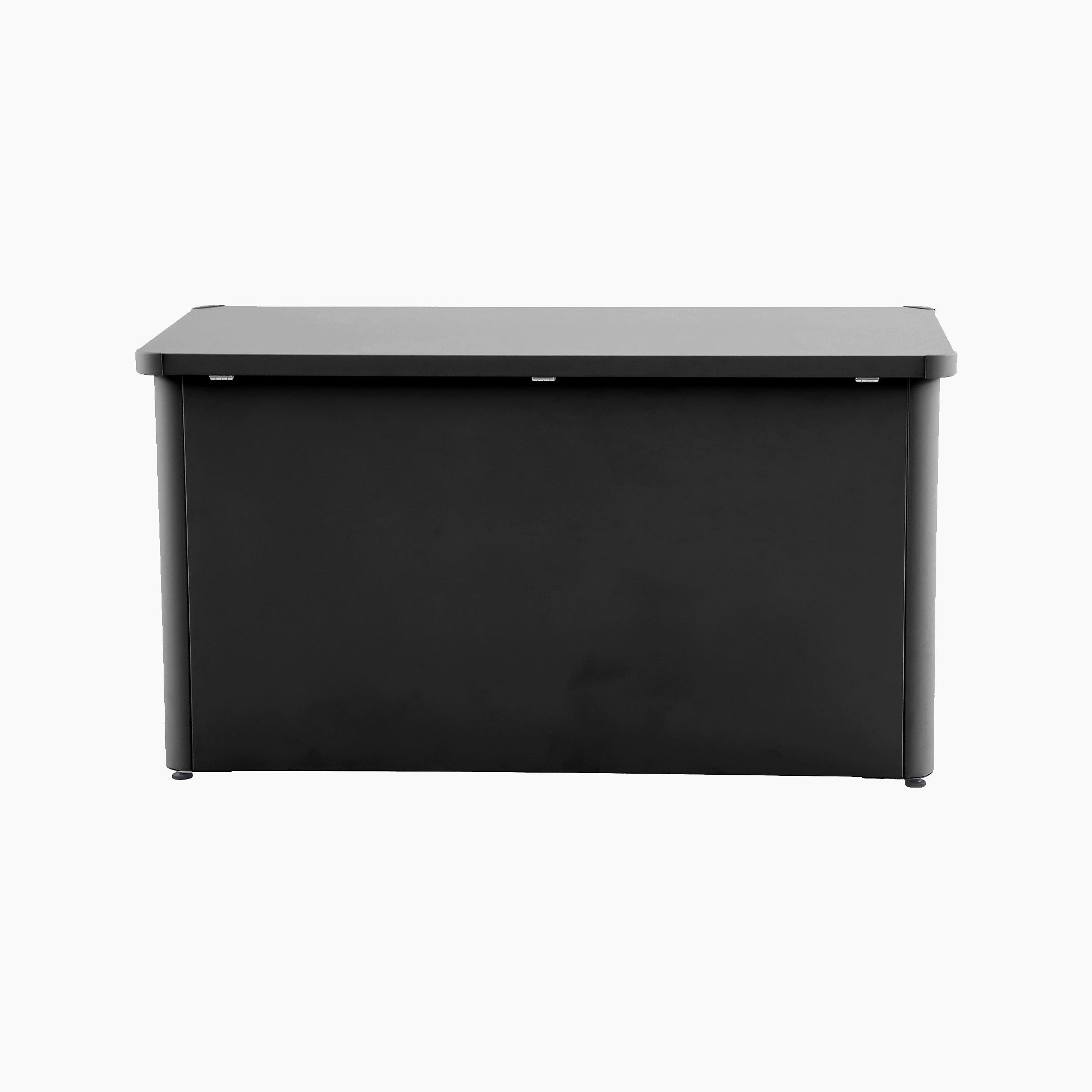 The Pacific Lifestyle - Rhode Island Small Outdoor Cushion Box in Black features a rectangular shape, flat lid, and durable galvanised steel construction, shown front-facing against a plain white background.