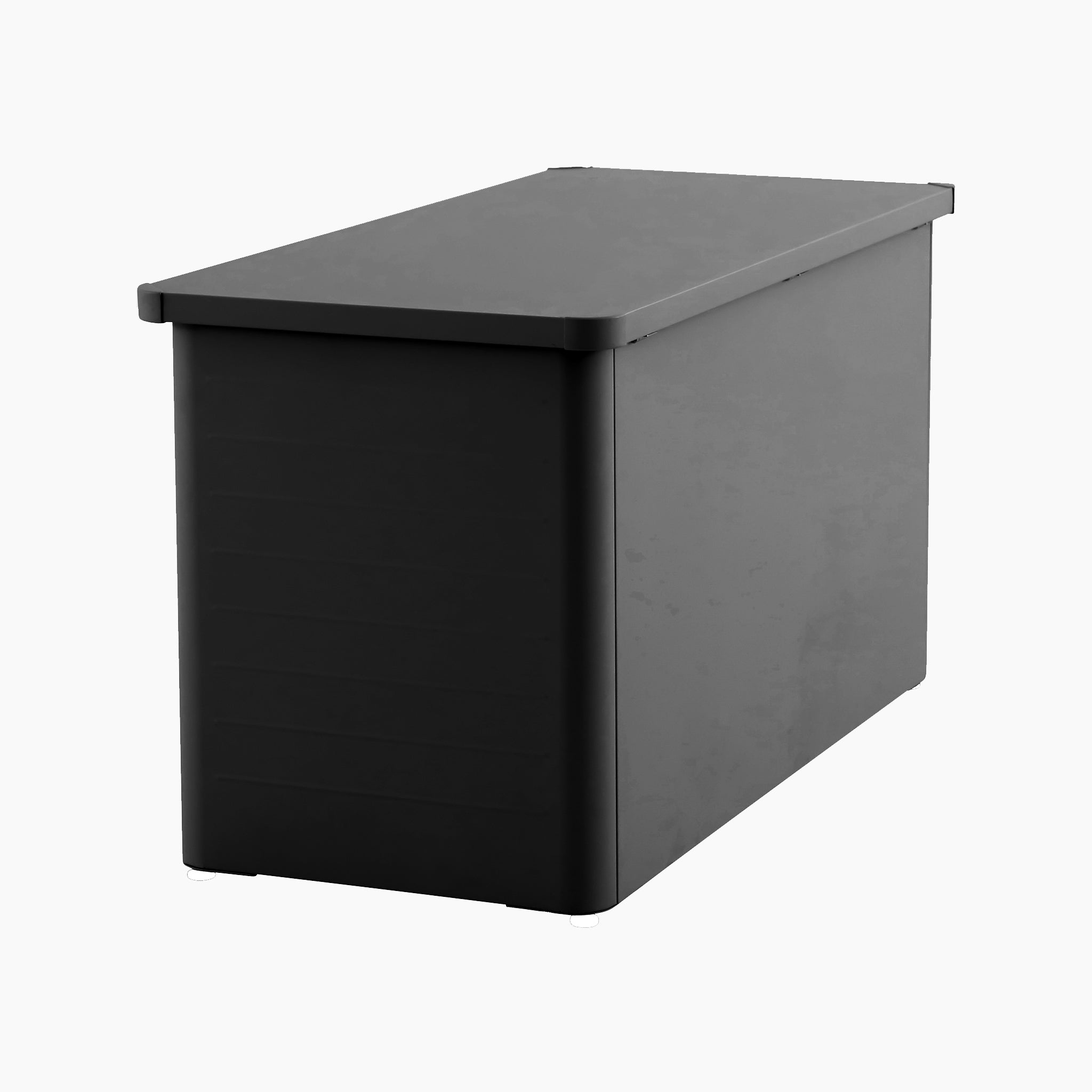 The Pacific Lifestyle Rhode Island Small Outdoor Cushion Box in Black, featuring a closed lid, is shown on a white background.