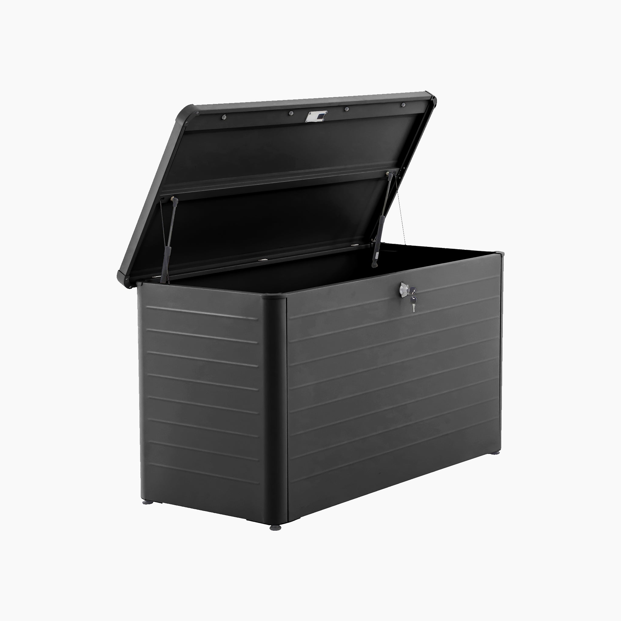 The Pacific Lifestyle - Rhode Island Small Outdoor Cushion Box in Black is a galvanised steel storage box with a hinged lid and front lock, perfect for tools or cushions, shown on a white background.