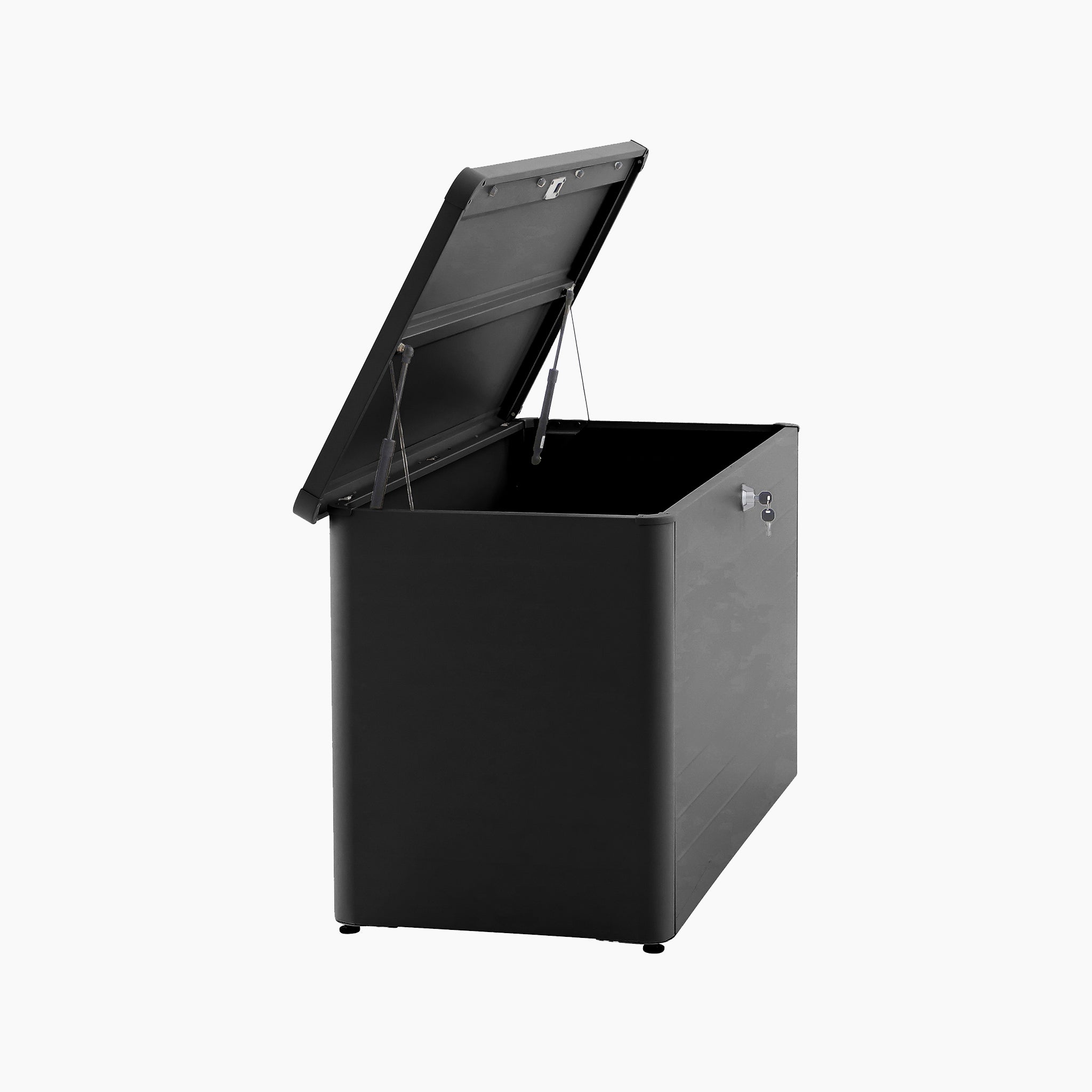 The Pacific Lifestyle - Rhode Island Small Outdoor Cushion Box in black features galvanised steel construction, a hinged lid, and a front lock, displayed against a plain white background.
