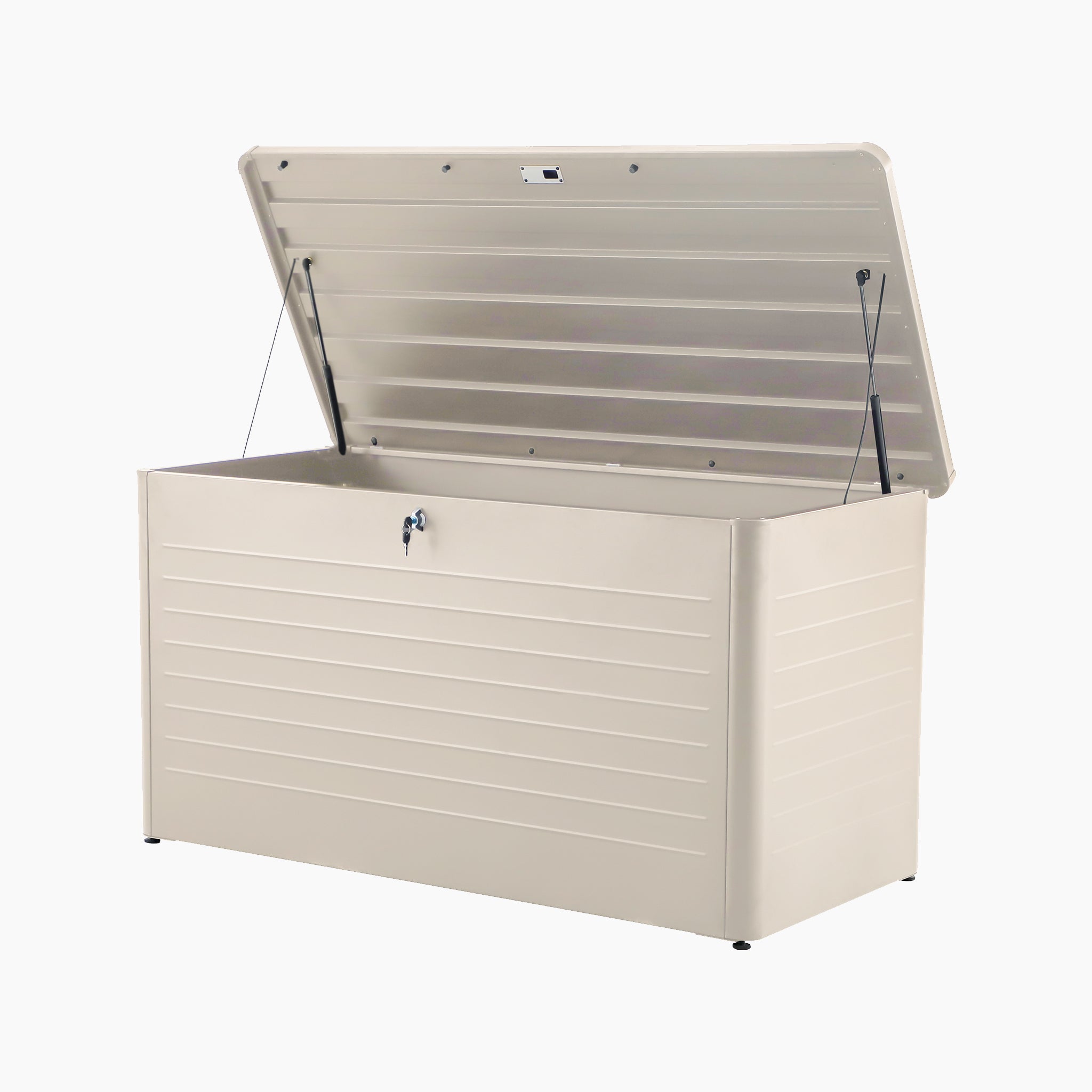 The Pacific Lifestyle - Rhode Island Large Outdoor Cushion Box in Pebble features a hinged lid, spacious interior, front-panel lock, and is made from durable galvanised steel.