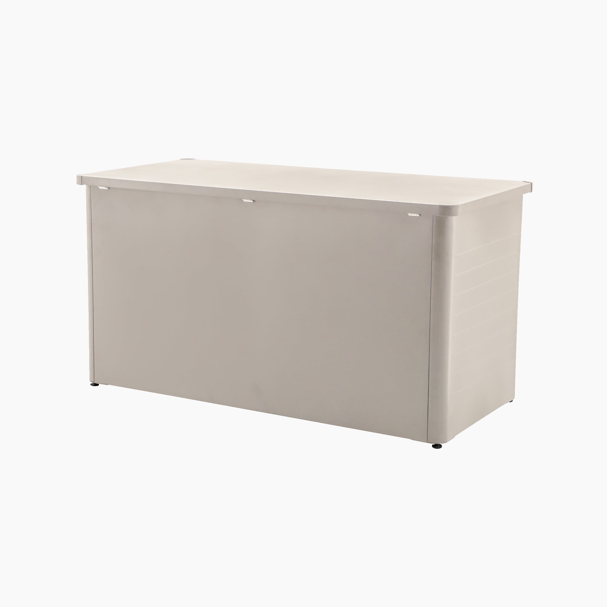 The Pacific Lifestyle Rhode Island Large Outdoor Cushion Box in Pebble, featuring a plain rectangular design and flat lid, is shown against a white background.