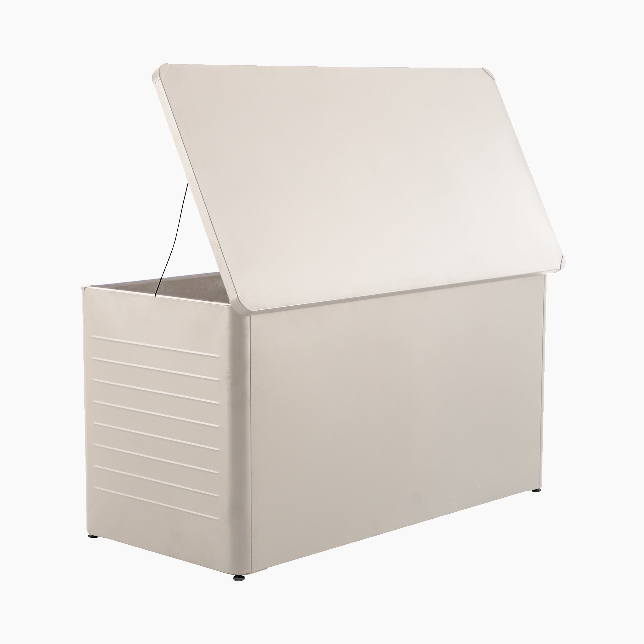 The Pacific Lifestyle - Rhode Island Large Outdoor Cushion Box in Pebble features a hinged lid, revealing its spacious empty interior. Made from durable galvanized steel, it’s ideal for organizing and protecting outdoor belongings.