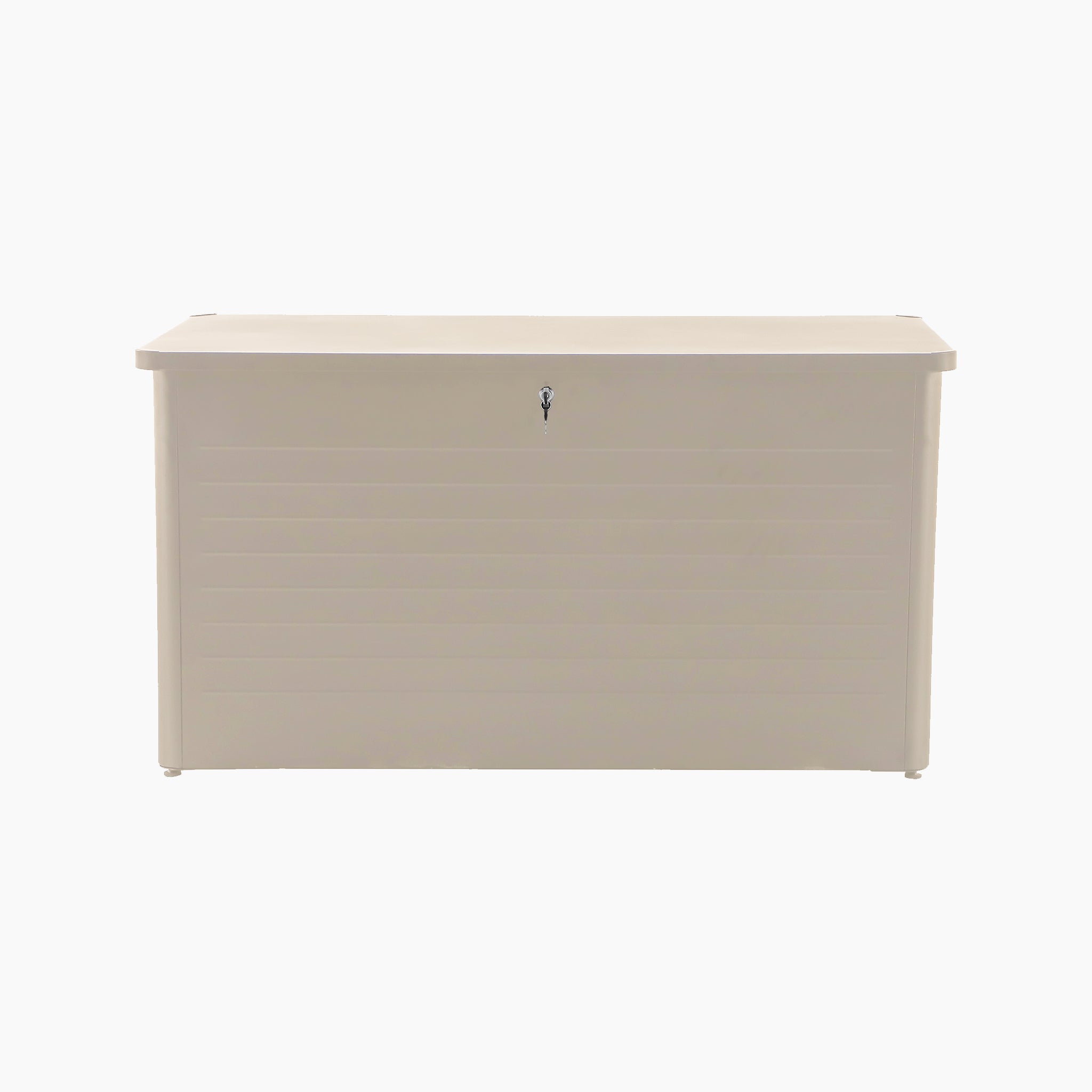 Pacific Lifestyle - Rhode Island Large Outdoor Cushion Box in Pebble: A beige galvanised steel storage box with a hinged lid and keyhole, designed for outdoor use and shown against a plain white background.