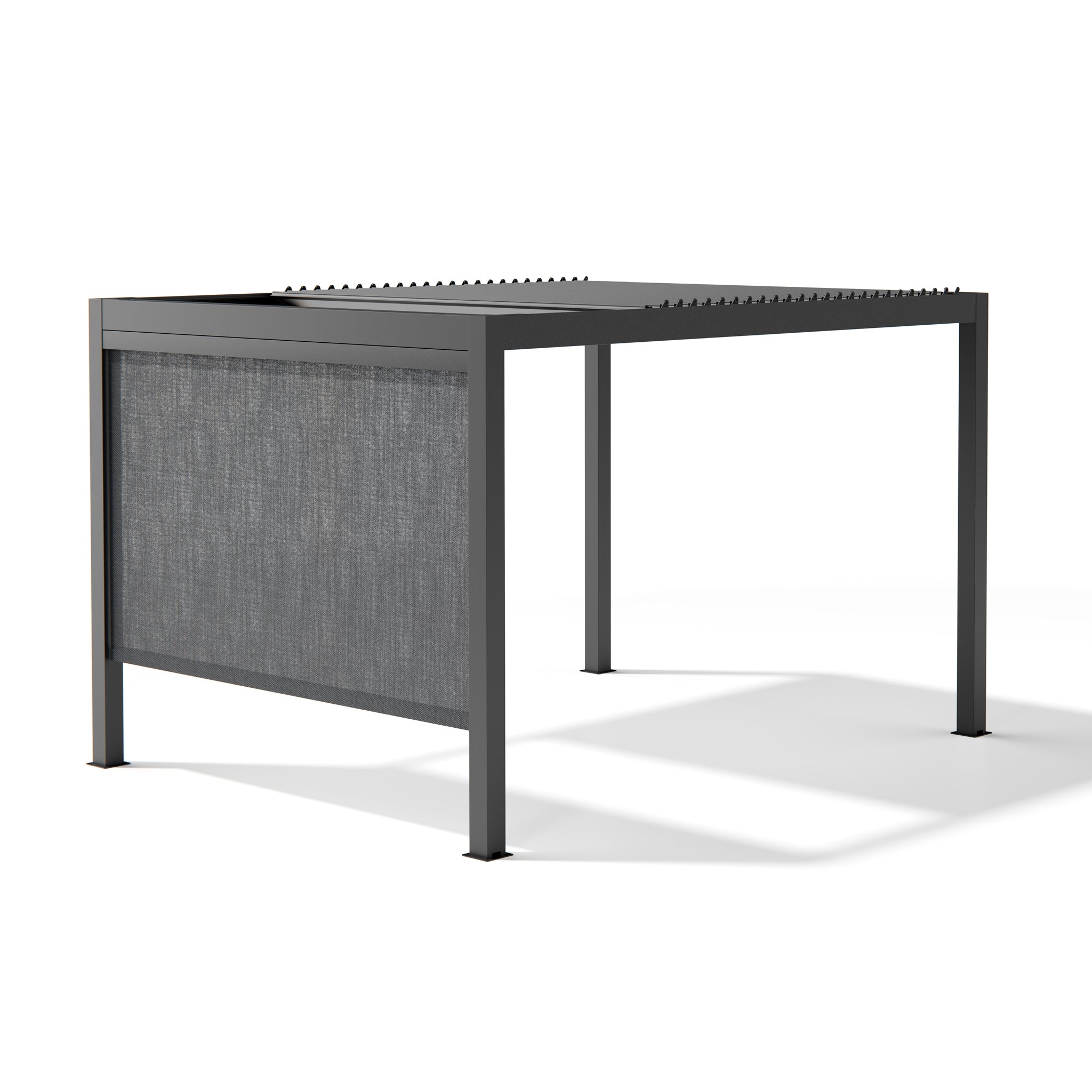 The Abierto Motorised 3m x 4m Grey Pergola features a retractable roof, LED lighting, and sleek metal frame—installation and delivery included—perfect for transforming your outdoor space.