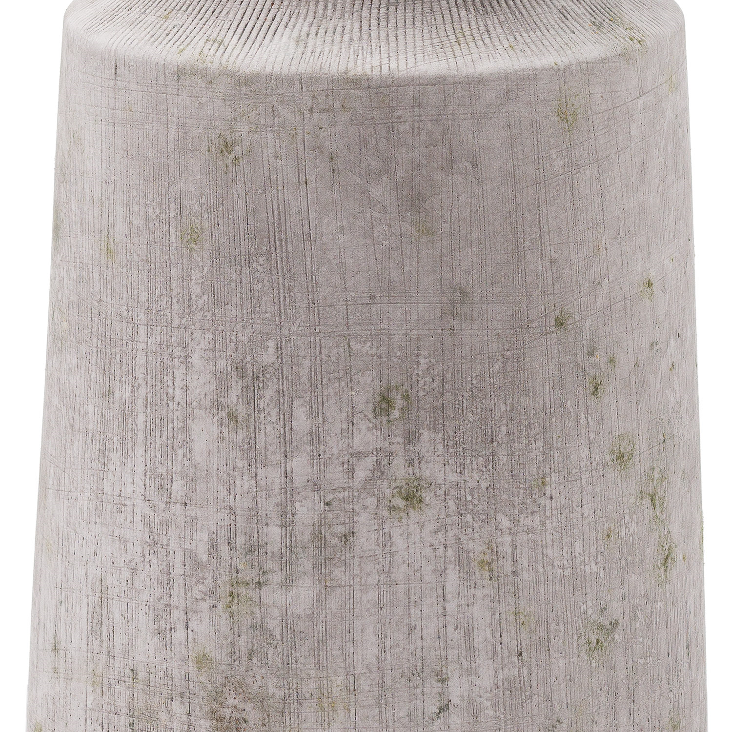 A close-up of a weathered gray concrete surface with a textured and slightly mossy appearance, reminiscent of the natural stone finish found on the Bloomville Stone Vase. Ideal for home décor enthusiasts seeking an earthy, rustic touch.