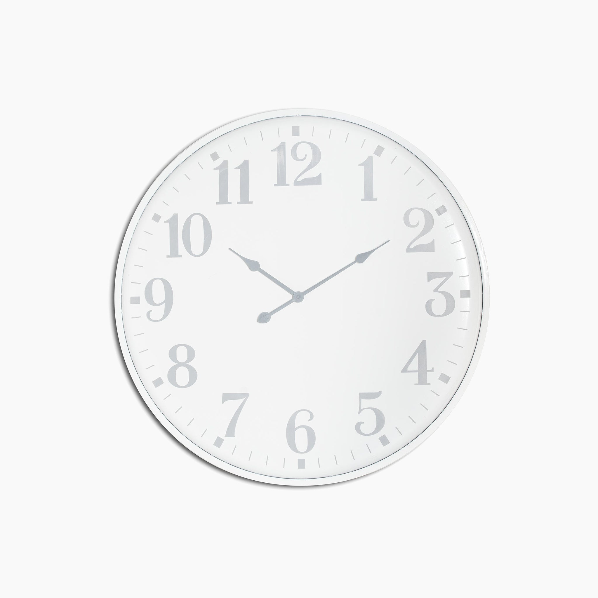 The Aubrey Large Wall Clock showcases a minimalist design with a sleek silver-effect metal frame, and it displays the time as 10:10 using grey numbers and hands on a white background.