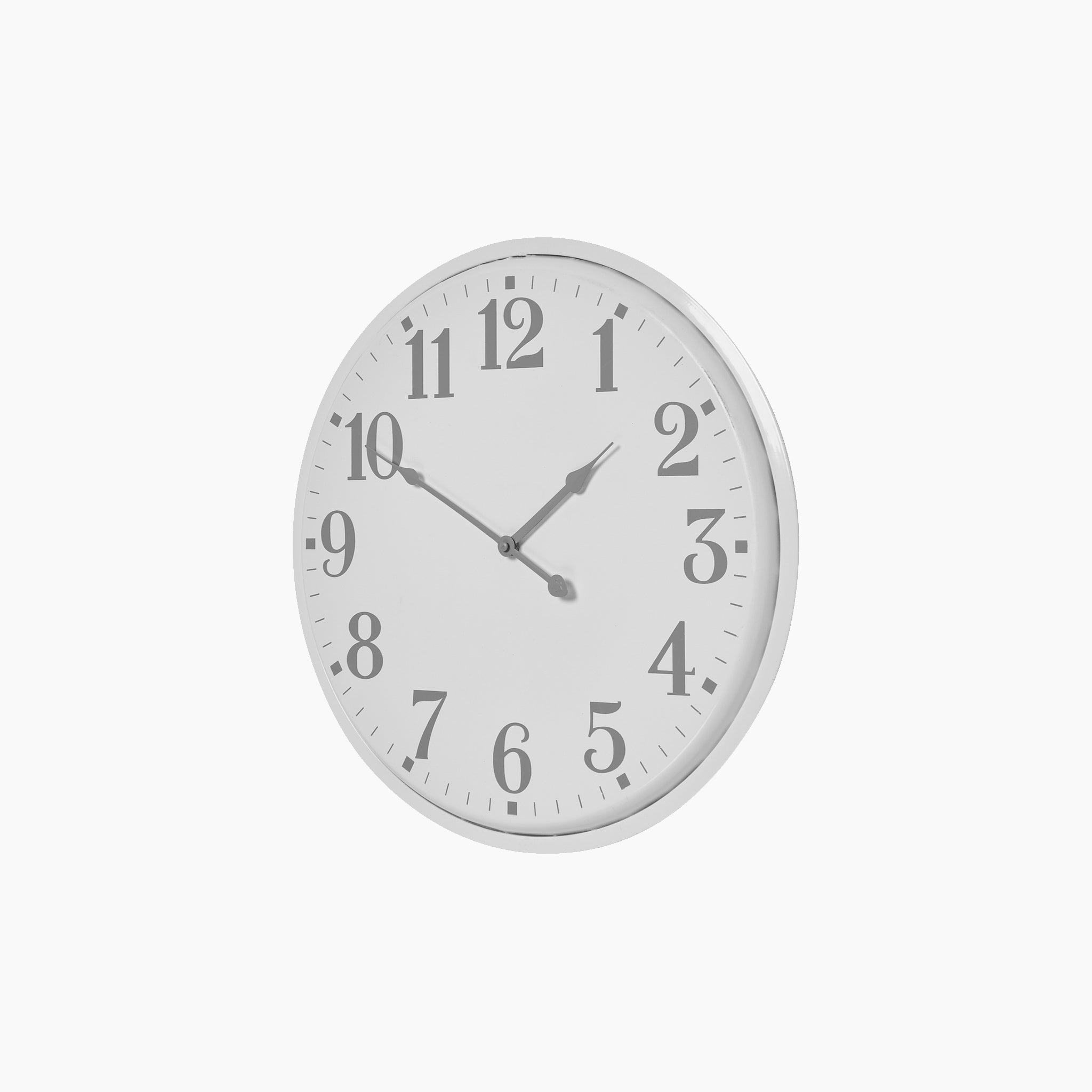 The Aubrey Wall Clock showcases a circular design, highlighted by a metal frame with a silver effect. It displays the time 10:10 on its white face accompanied by bold black numbers.