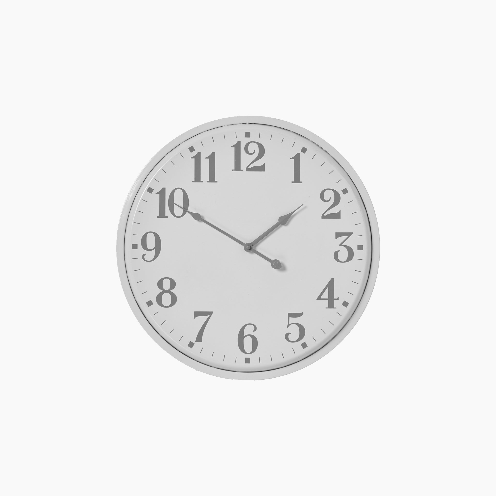 The Aubrey Wall Clock showcases a circular design with a sleek silver-effect metal frame, elegantly presenting the time as 10:10 on a pristine white background.