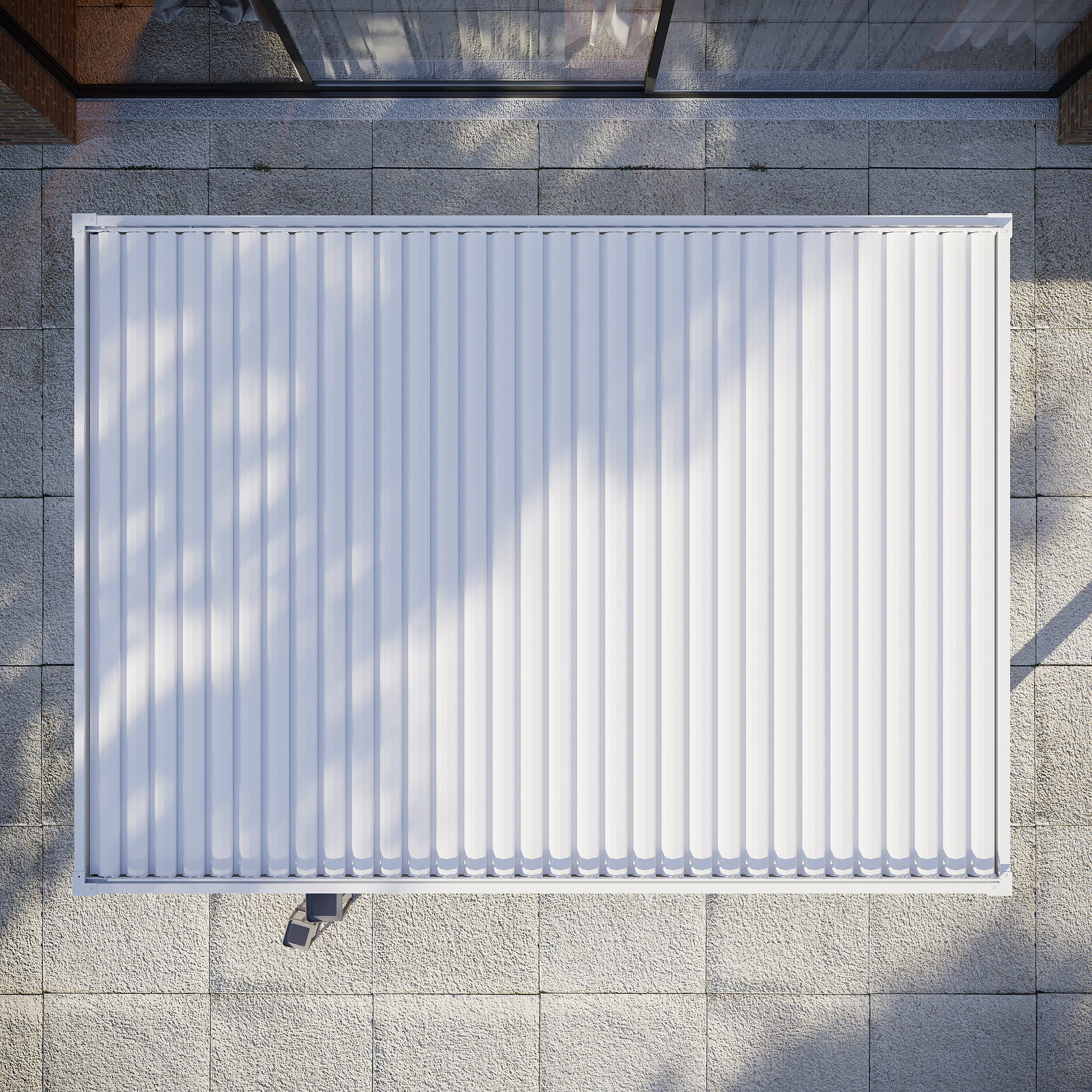 A top view shows the white PergoSTET Plus 3m x 4m rectangular pergola frame casting shadows on tiled ground, blending sleek modern design with a classic touch.