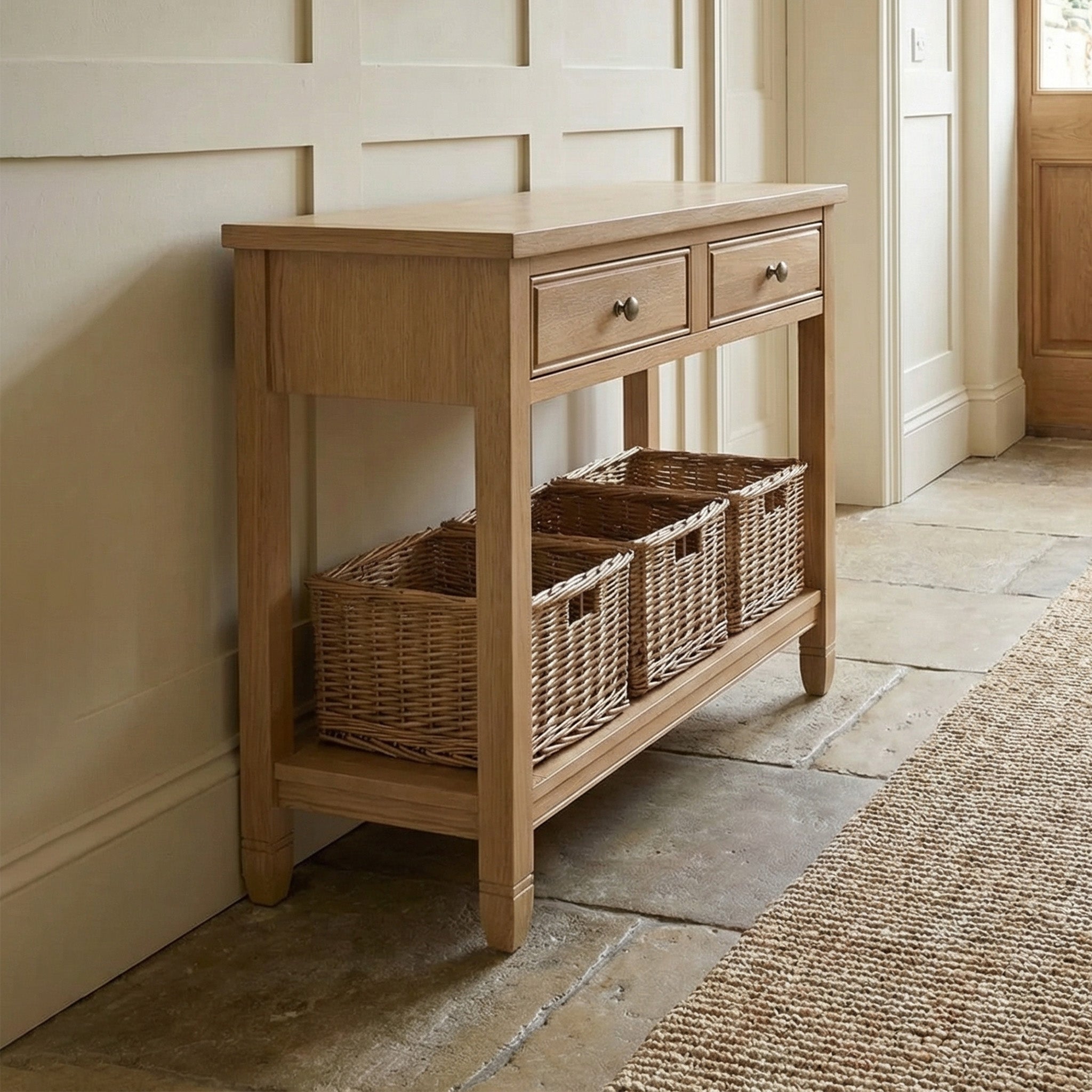 The Amberley 2 Drawers Console Table in Light Oak, with elegant lines and storage options, is a stylish and practical choice to enhance any hallway.