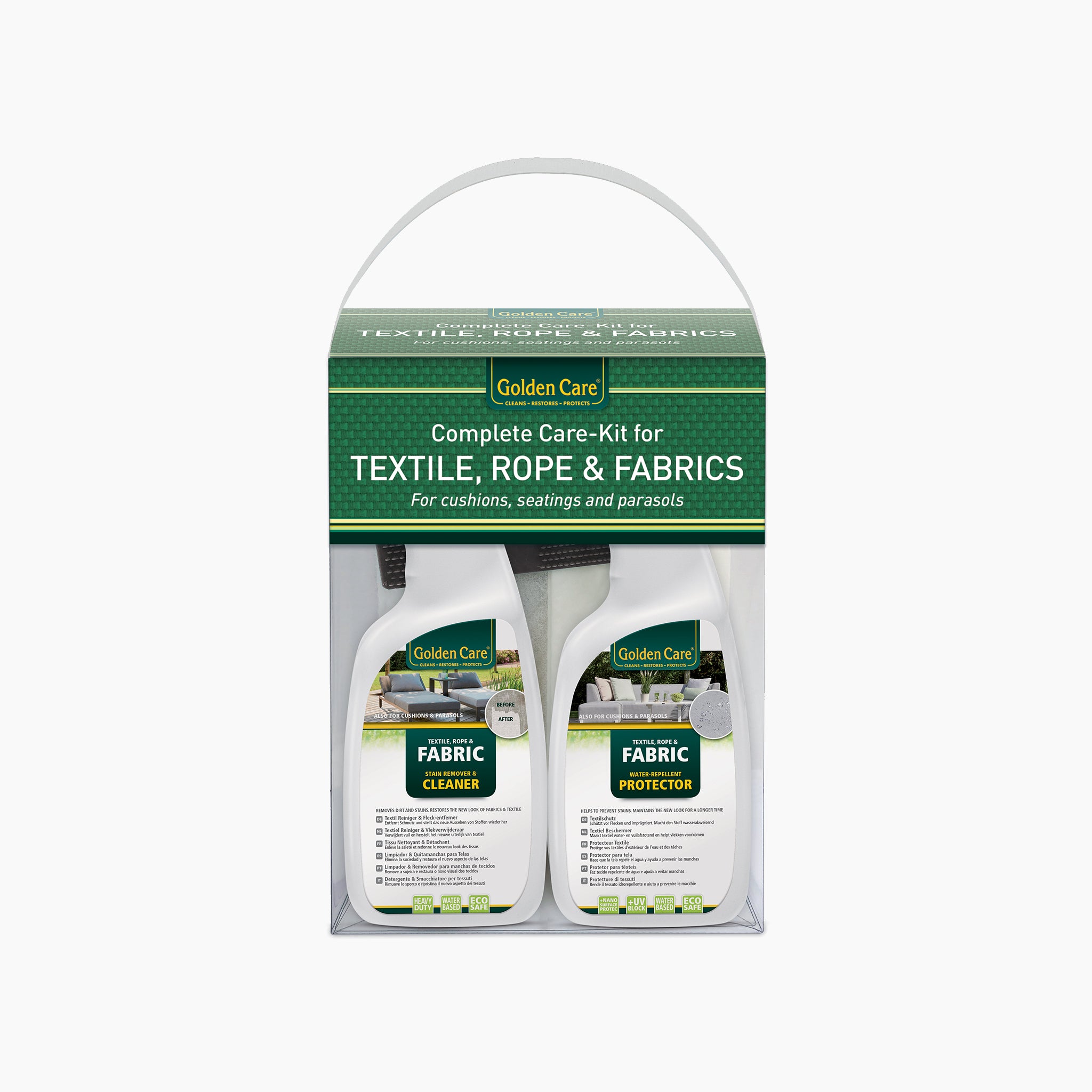 The Golden Care Fabrics & Upholstery Care Kit includes an effective fabric cleaner and textile protector, perfect for maintaining outdoor furniture, ropes, and various fabrics.