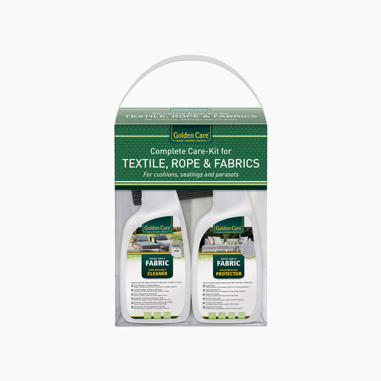 The Golden Care Fabrics & Upholstery Care Kit includes an effective fabric cleaner and textile protector, perfect for maintaining outdoor furniture, ropes, and various fabrics.