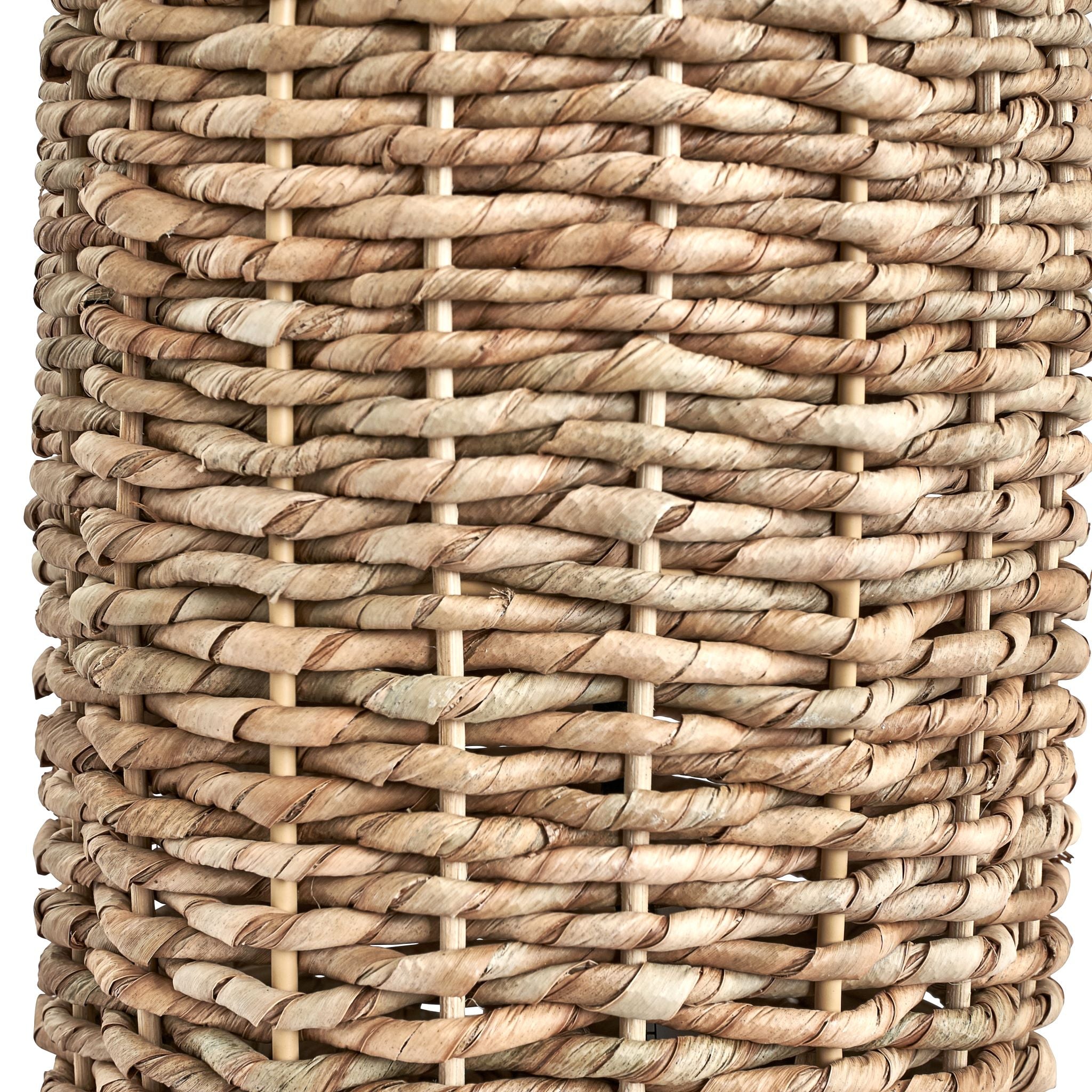 The Pacific Lifestyle Acer Lamp features a close-up of its tightly woven wicker design, showcasing a textured ivory pattern that subtly echoes the elegance of neutral tones.