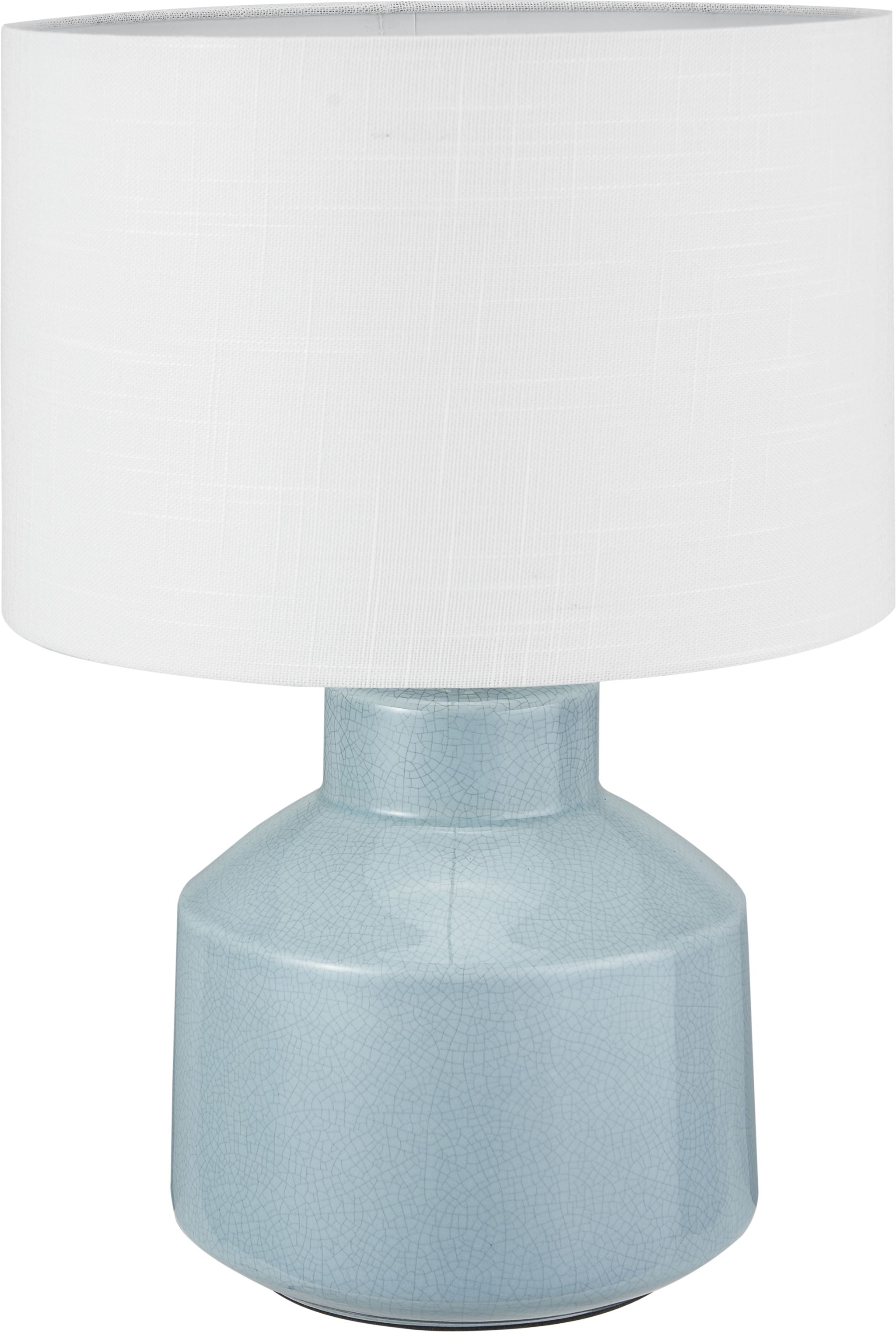 The Pacific Lifestyle - Nora Table Lamp boasts a duck egg blue ceramic base with a crackle effect and is topped with a large white cylindrical shade, ideal for introducing Scandi style into any space.