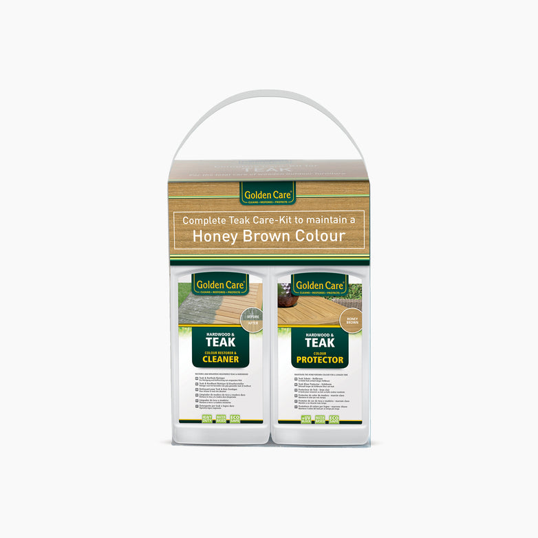 The Golden Care Brown Teak and Hardwood Care Kit features cleaner and protector bottles in a cardboard holder, showcasing the "Honey Brown Colour." It's an ideal teak-oil alternative for preserving your furniture's rich hue and lasting beauty.