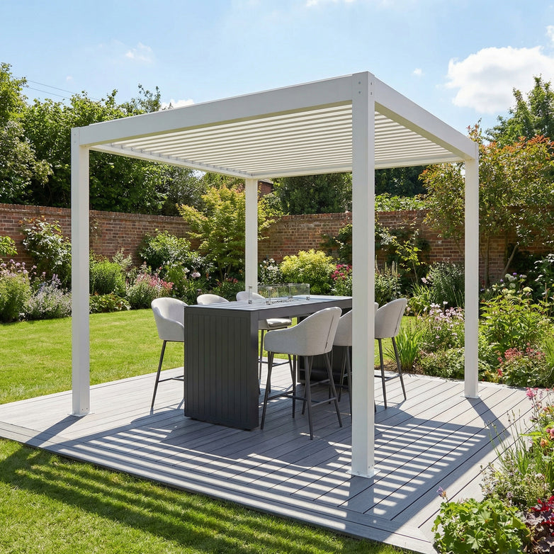 The PergoSTET Plus Frame Only 3m x 3m Square Pergola with LED Lighting in White showcases modern style and function—ideal for patios and gardens seeking a sleek, contemporary pergola design.