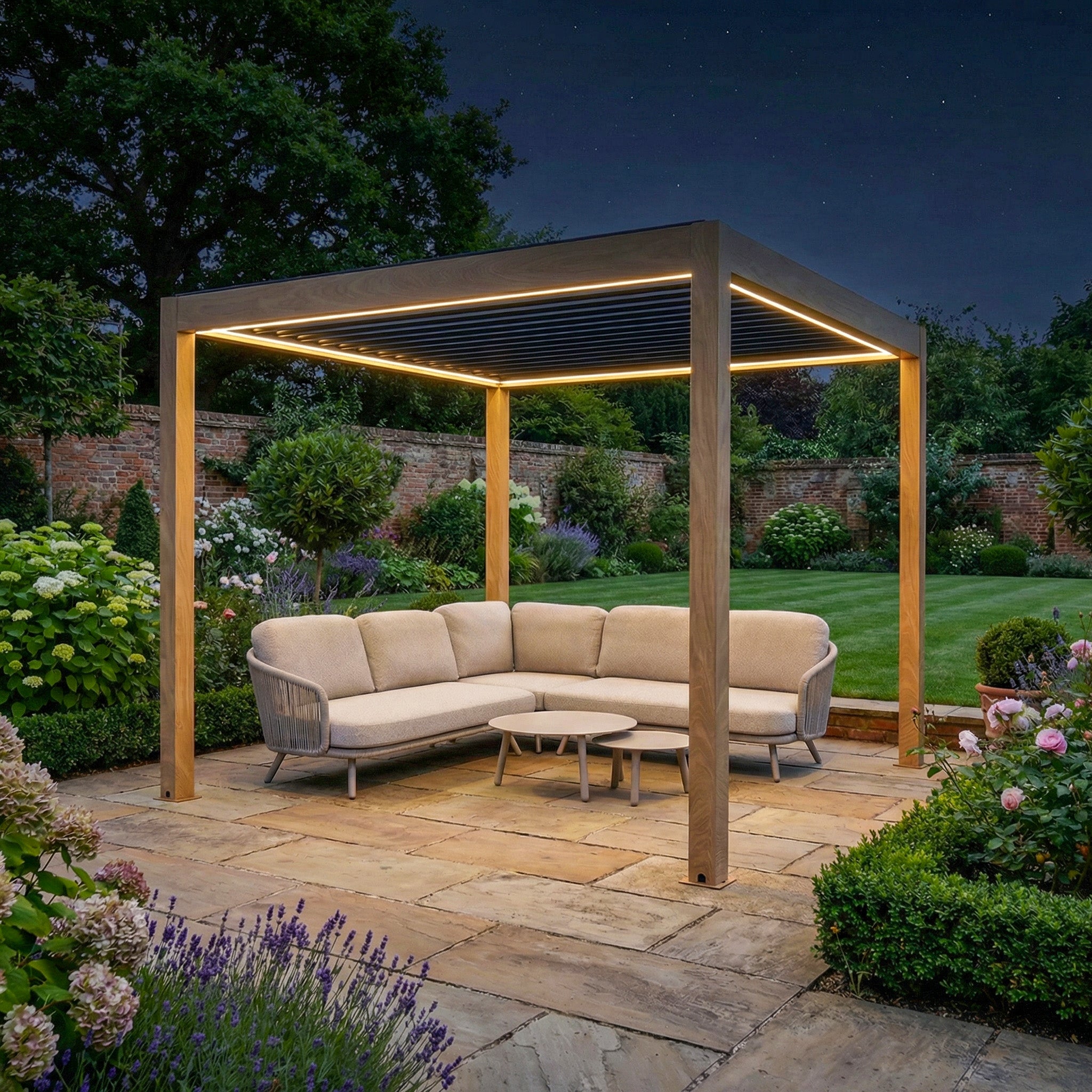 The PergoSTET Plus Frame Only 3m x 3m Square Pergola with LED Lighting in Wood Effect shines over a beige sofa set on a stone patio in a lush night garden, featuring a sleek built-in drainage system.