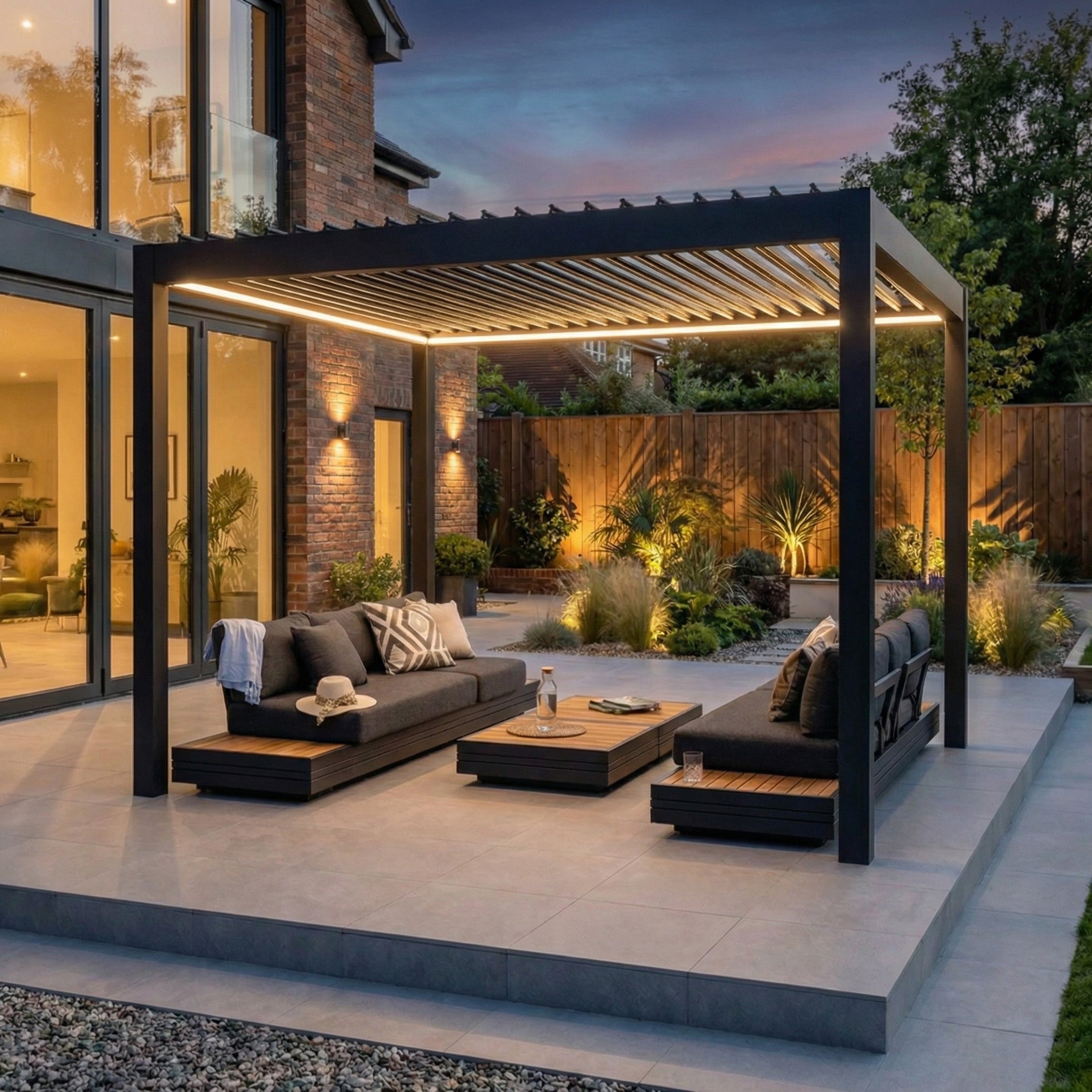 Modern outdoor patio with sofas, tables, and a PergoSTET Pro Frame Only 3m x 3m Square Pergola in Grey featuring LED lighting, all set beside a contemporary house at dusk.