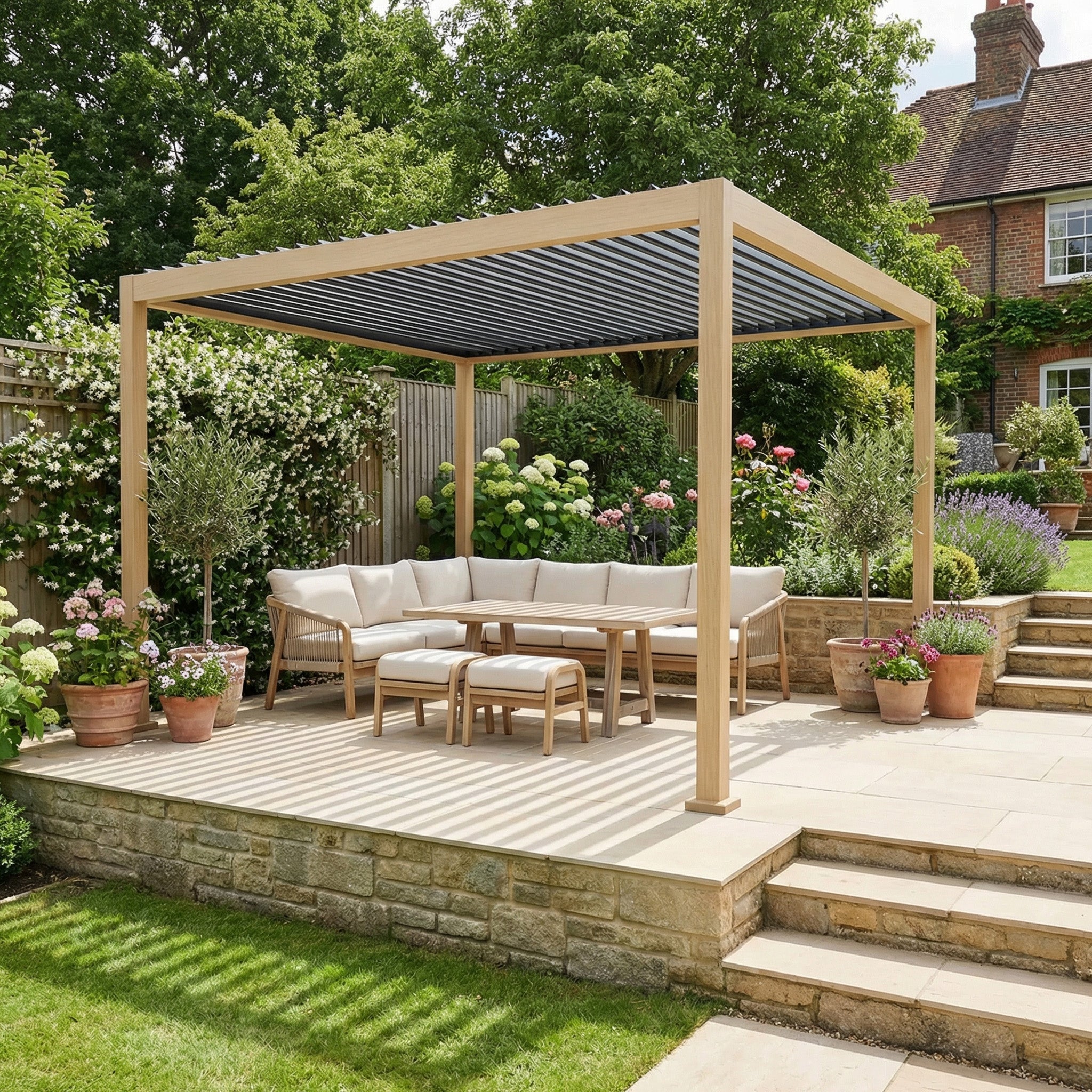 PergoSTET Lite Neo 3m x 4m Metal Rectangular Pergola with Wood Effect features tilting steel louvres for adjustable shade, outdoor seating, and potted plants, perfect for patios in lush, landscaped gardens.