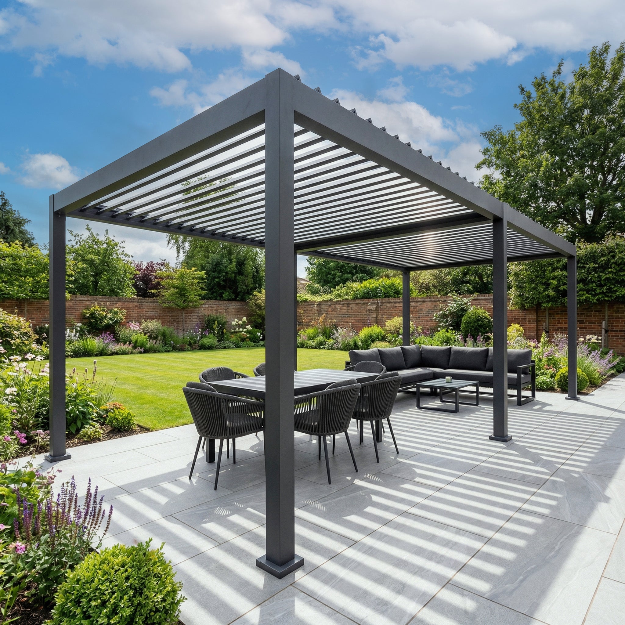 Transform your garden with the PergoSTET Lite Neo 3m x 6m Metal Rectangular Pergola in Grey, creating a modern outdoor patio with stylish shelter for dining and lounging.