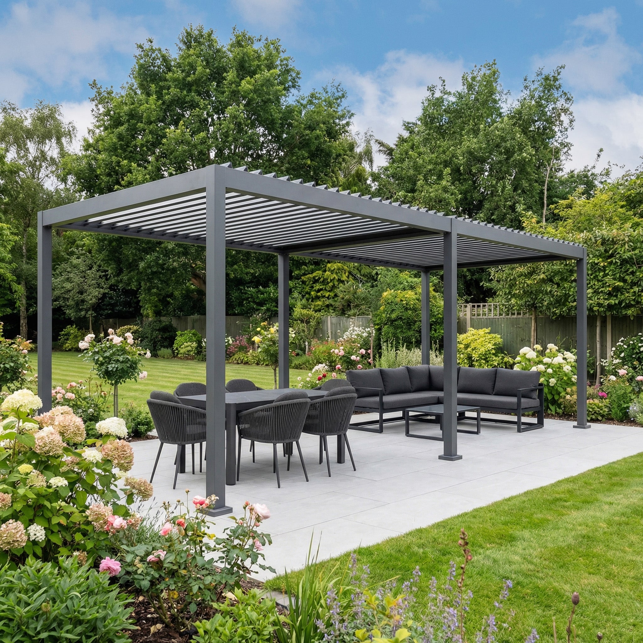 The PergoSTET Lite Neo 3m x 6m Metal Rectangular Pergola in Grey offers modern, stylish outdoor shelter with louvre roof, ideal for seating and dining sets on patios in lush, landscaped gardens.