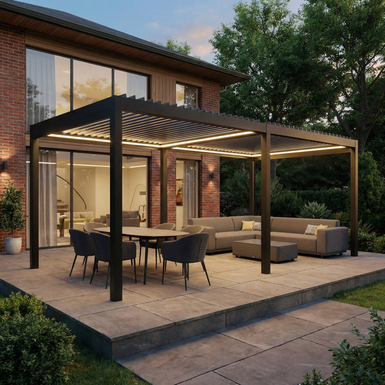 Modern outdoor patio with a PergoSTET Pro Frame Only 3m x 6m Rectangular Pergola in Grey, featuring aluminium louvres and LED lighting, plus dining table and sofas, beside a contemporary brick house.