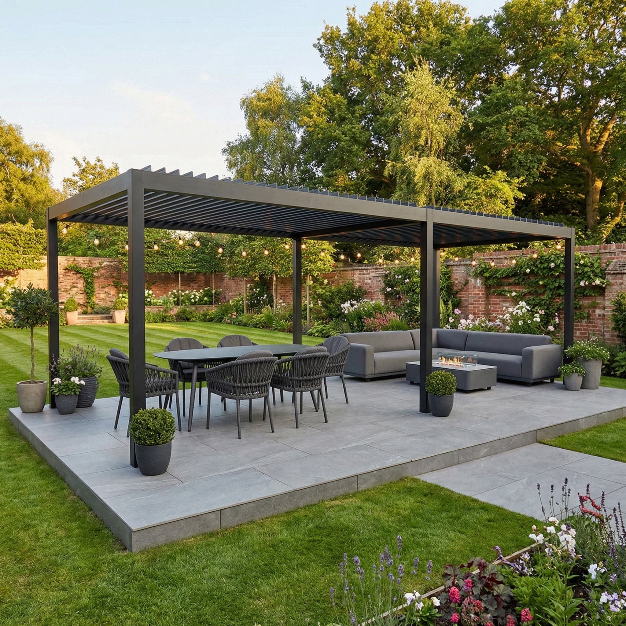 Contemporary outdoor patio featuring the PergoSTET Deluxe 3m x 7m grey rectangular pergola with motorised LED louvres, sheltering a dining set and sofa, surrounded by lush greenery.