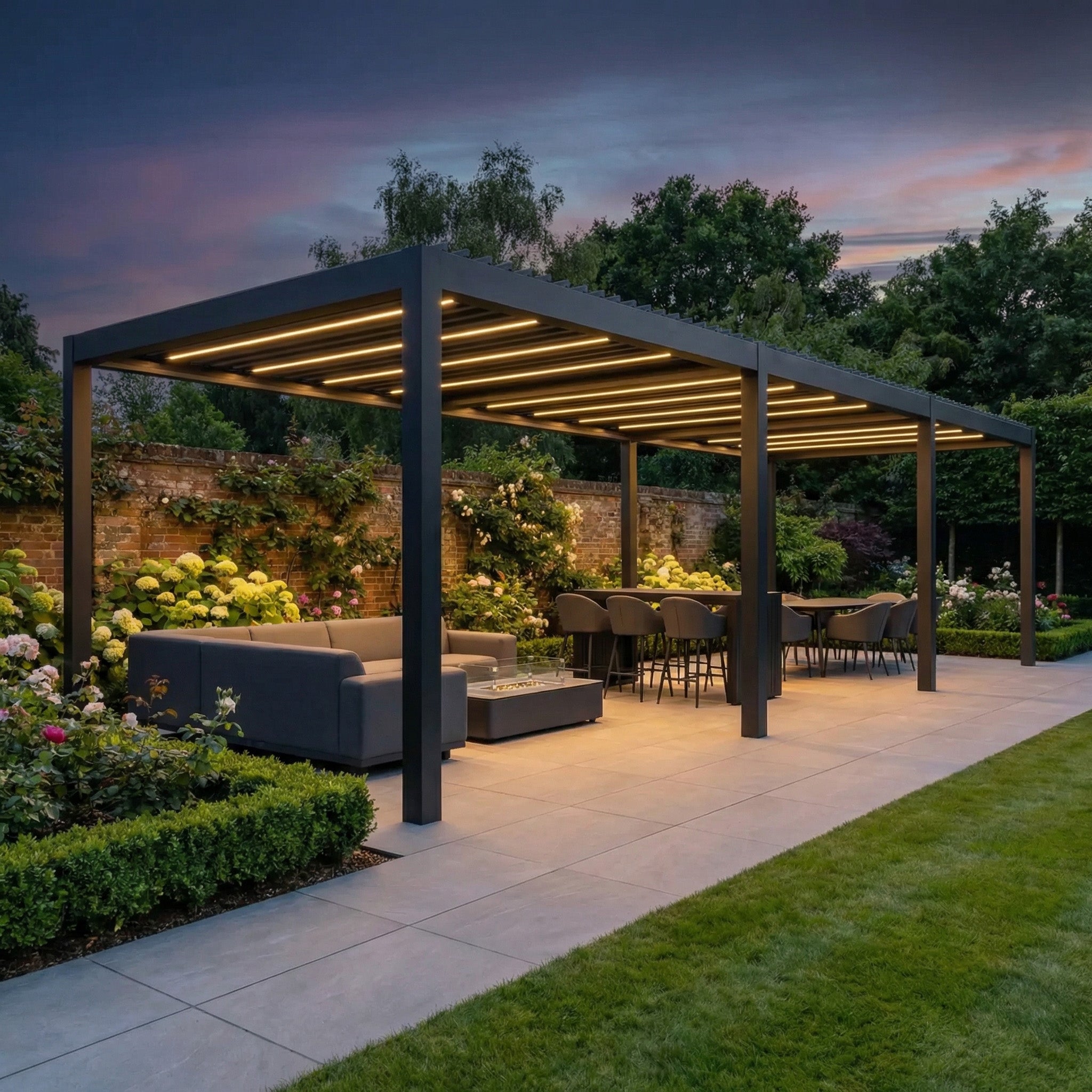 The PergoSTET Deluxe 3m x 9m Rectangular Pergola with motorised LED louvres in grey creates customizable shade and ambiance for outdoor seating and dining areas in landscaped gardens at dusk.