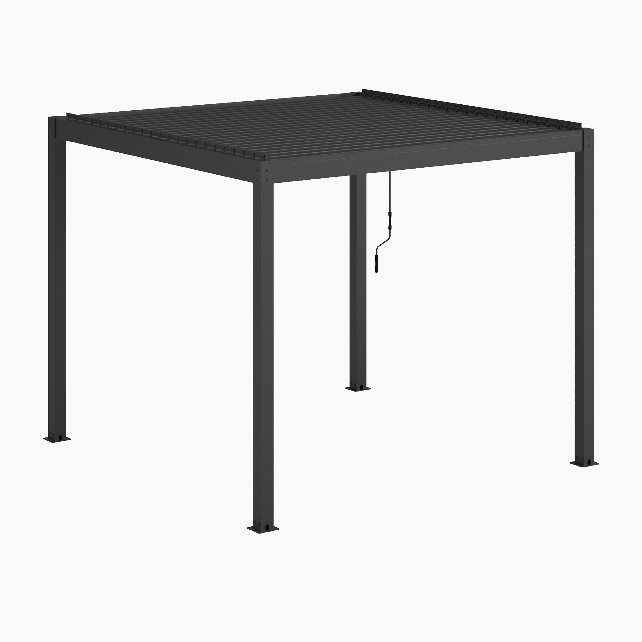 The PergoSTET Plus 3m x 3m Square Pergola in Grey boasts a sleek louvred roof for adaptable sun and shade, complemented by three drop sides and LED lighting. A convenient hanging cord allows easy adjustments.