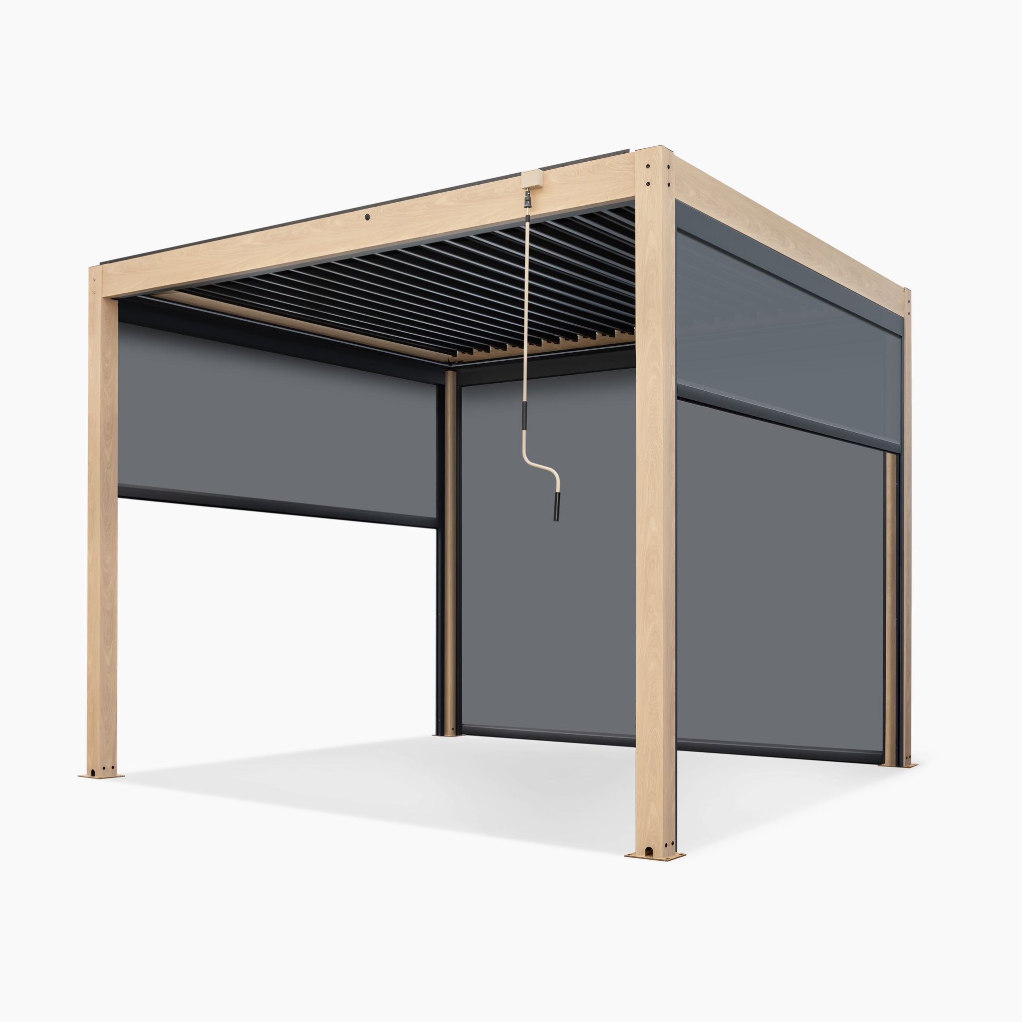 The PergoSTET Plus 3m x 3m Square Pergola has a sleek design with adjustable gray fabric sides, a convenient hand crank, and features a built-in drainage system for seamless functionality.