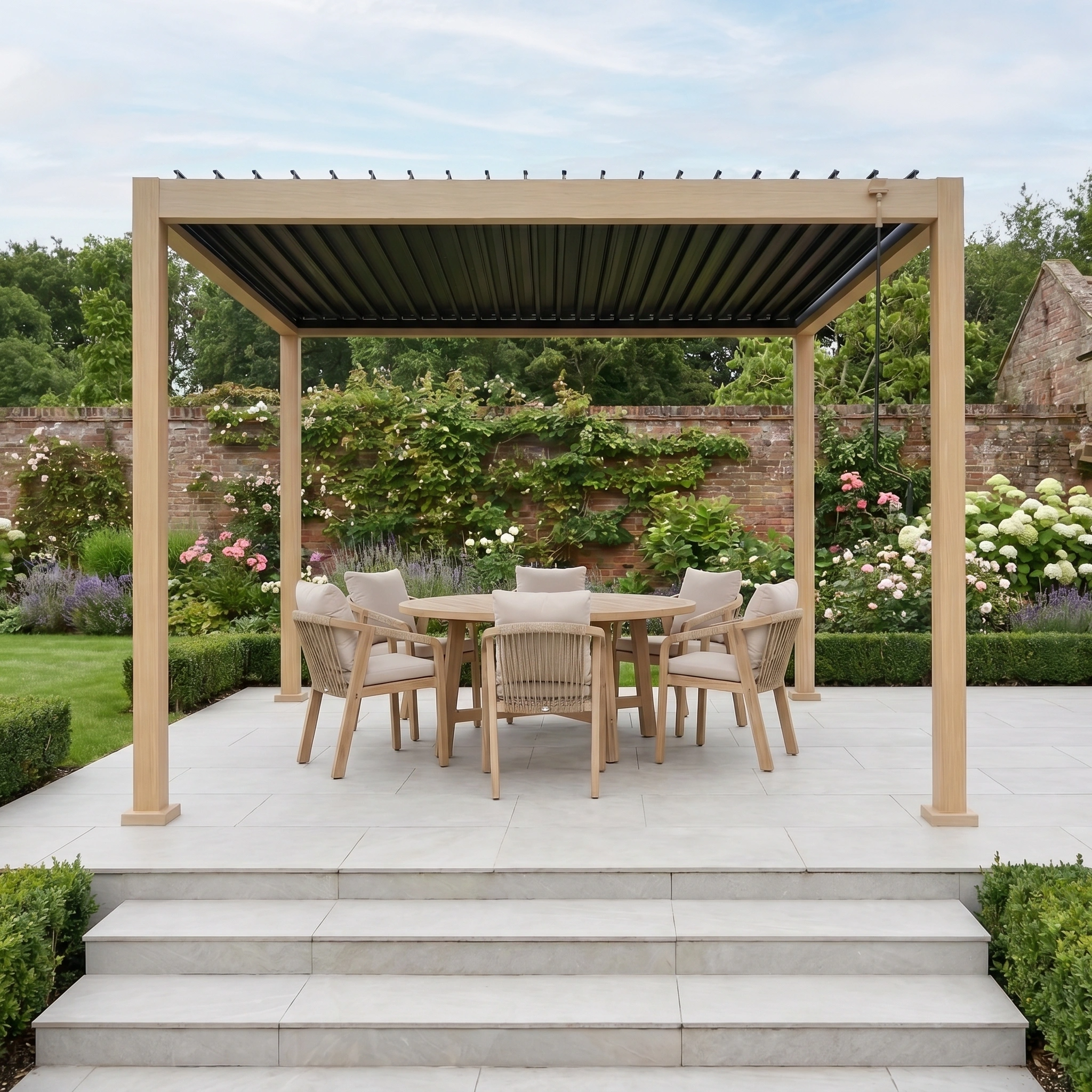 The PergoSTET Lite Neo 3m x 3m Metal Square Pergola in Wood Effect, set on a tiled patio with an outdoor dining set, brings modern comfort and style; optional tilting steel louvres offer adjustable shade for your lush garden retreat.