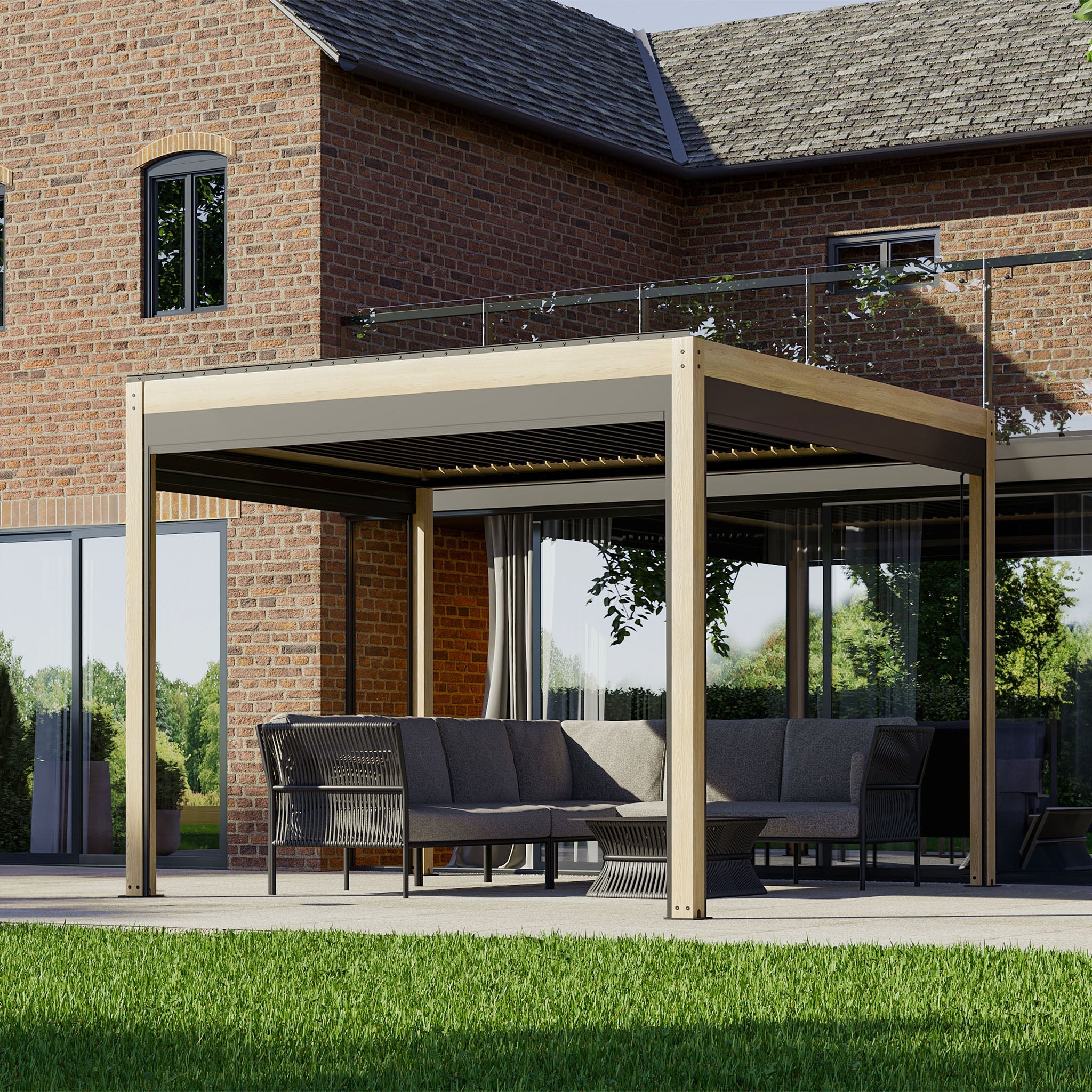 The backyard showcases a sleek PergoSTET Plus 3m x 3m pergola with LED lighting and wood effect, complemented by outdoor seating and a brick house with large windows.