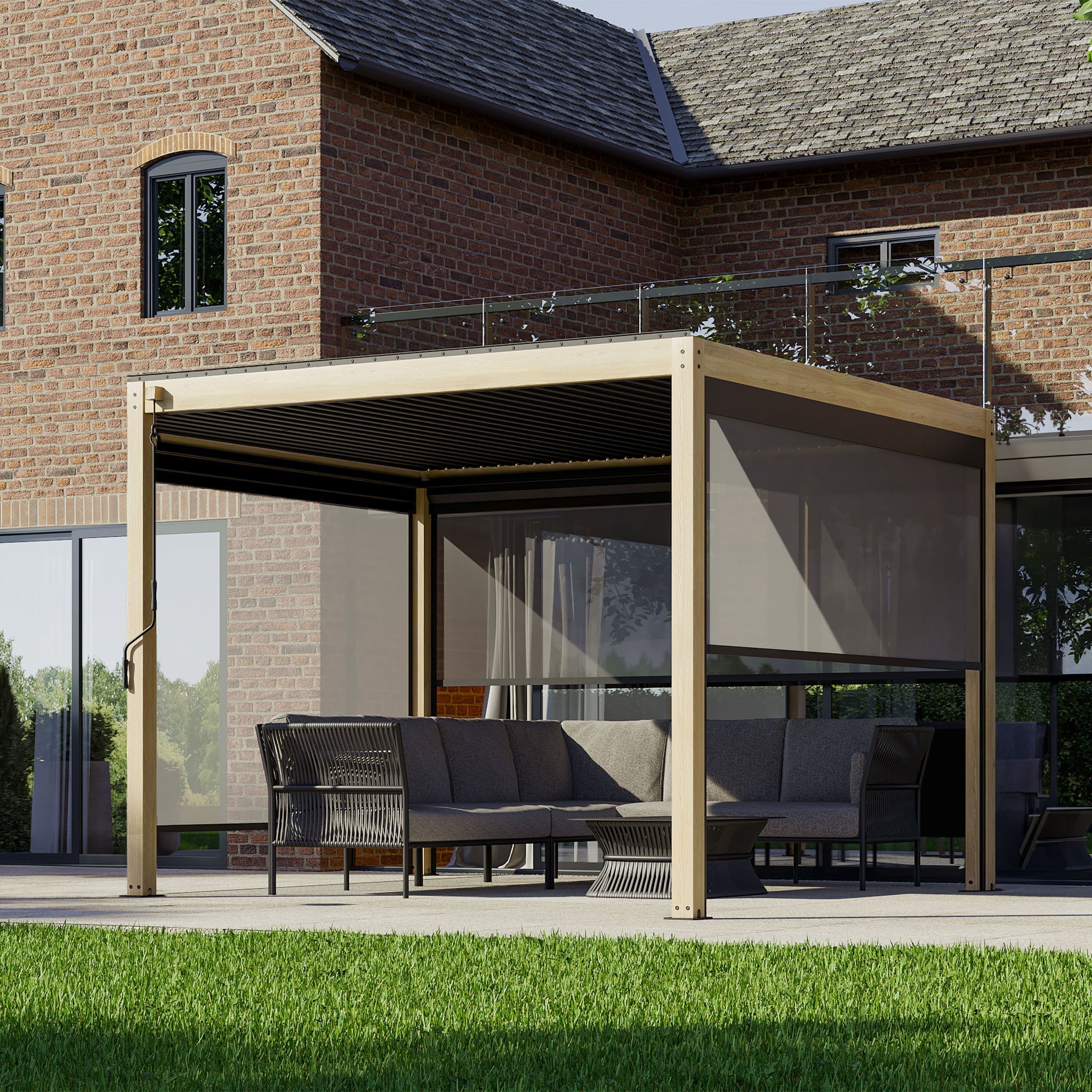 The outdoor area boasts a sleek PergoSTET Plus 3m x 3m Square Pergola with LED lighting and wood effect, offering shaded comfort with its modern design. It's paired with plush sofas on the patio near the brick house, and a built-in drainage system assures all-weather hospitality.