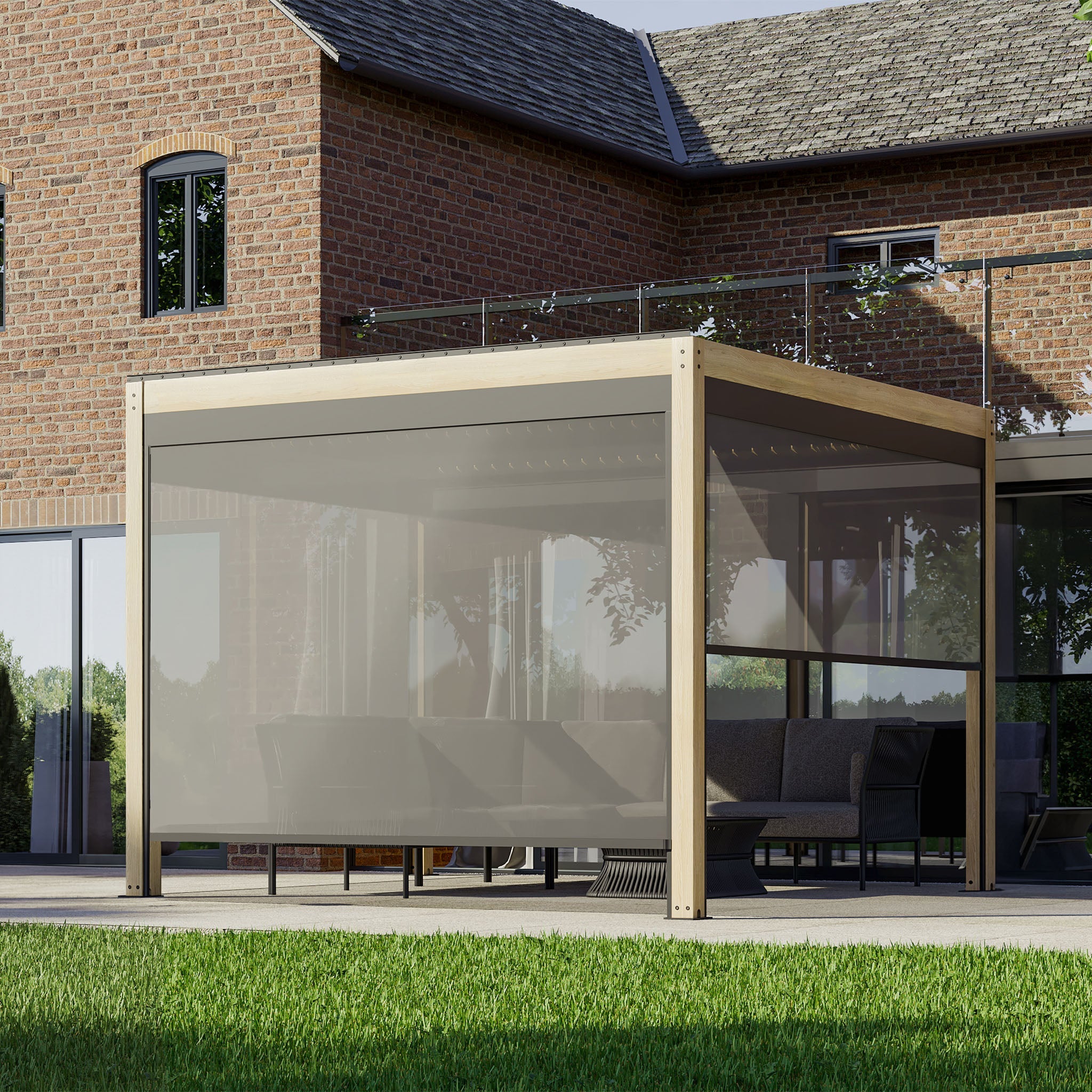 A PergoSTET Plus 3m x 3m pergola with LED lighting and a wood effect frame adorns the sunny patio by a brick house, connecting seamlessly to a glass sliding door.