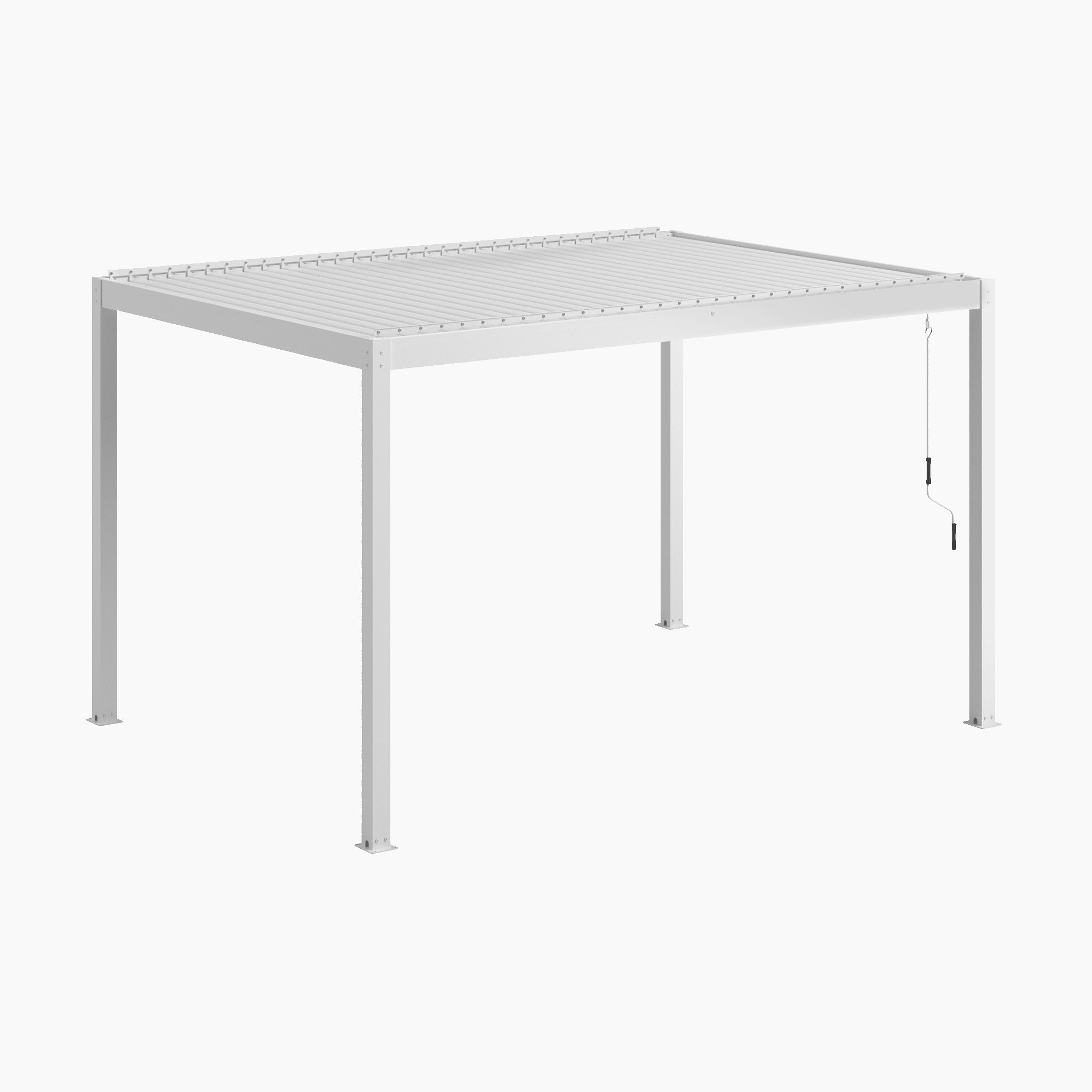 The PergoSTET Plus 3m x 4m Pergola features a waterproof slatted roof, crank handle, three drop sides, and LED lighting in a sleek white finish, pictured against a plain white background.