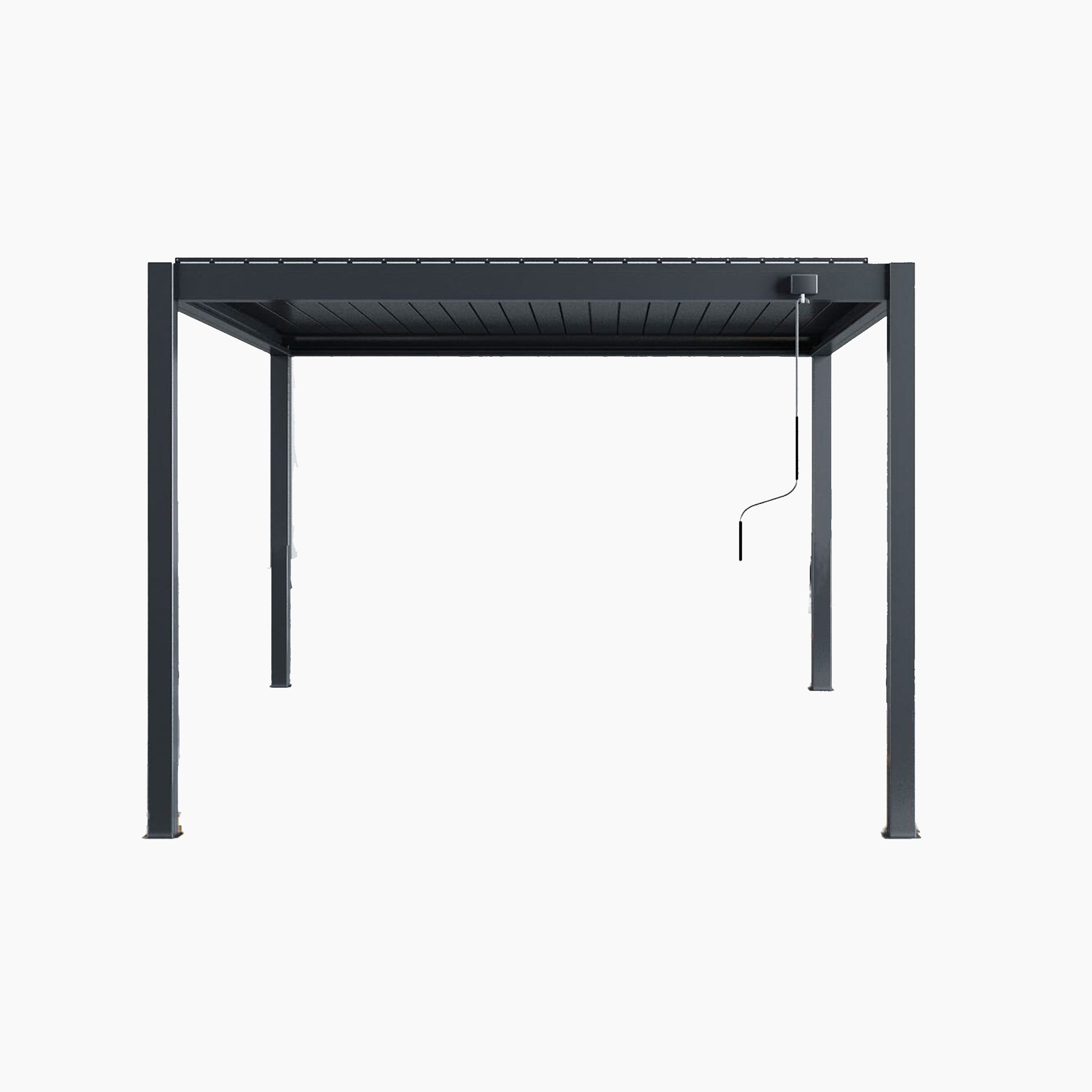 The PergoSTET Lite 3m x 4m Metal Rectangular Pergola in Grey features a modern louvered roof with a crank handle, sleek design, and built-in drainage for durability and functionality in all weather.