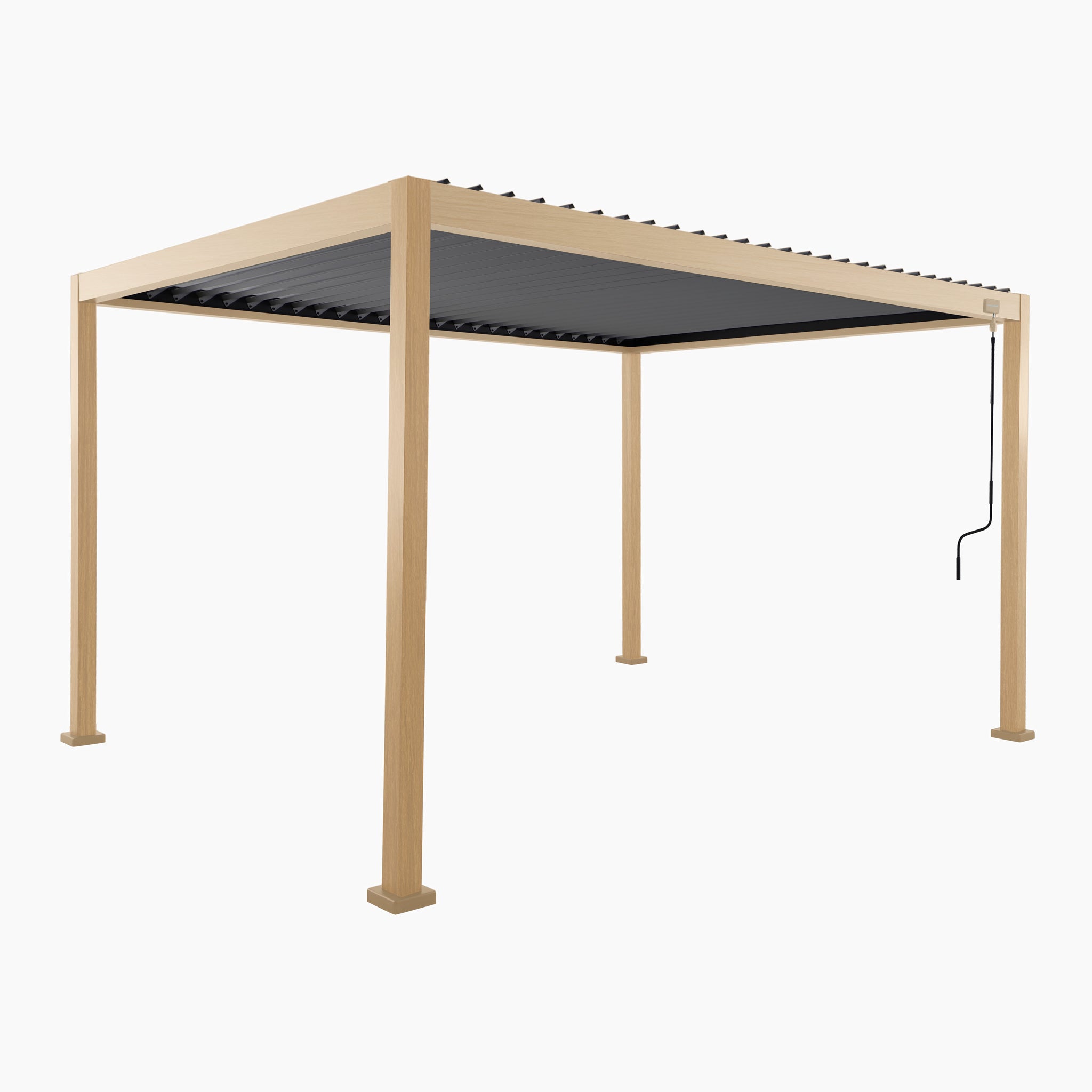 The PergoSTET Lite 3m x 4m Metal Rectangular Pergola, in a elegant wood effect, features a sleek slatted roof, manual crank on one side, and tilting louvres for adjustable shade against a white background.