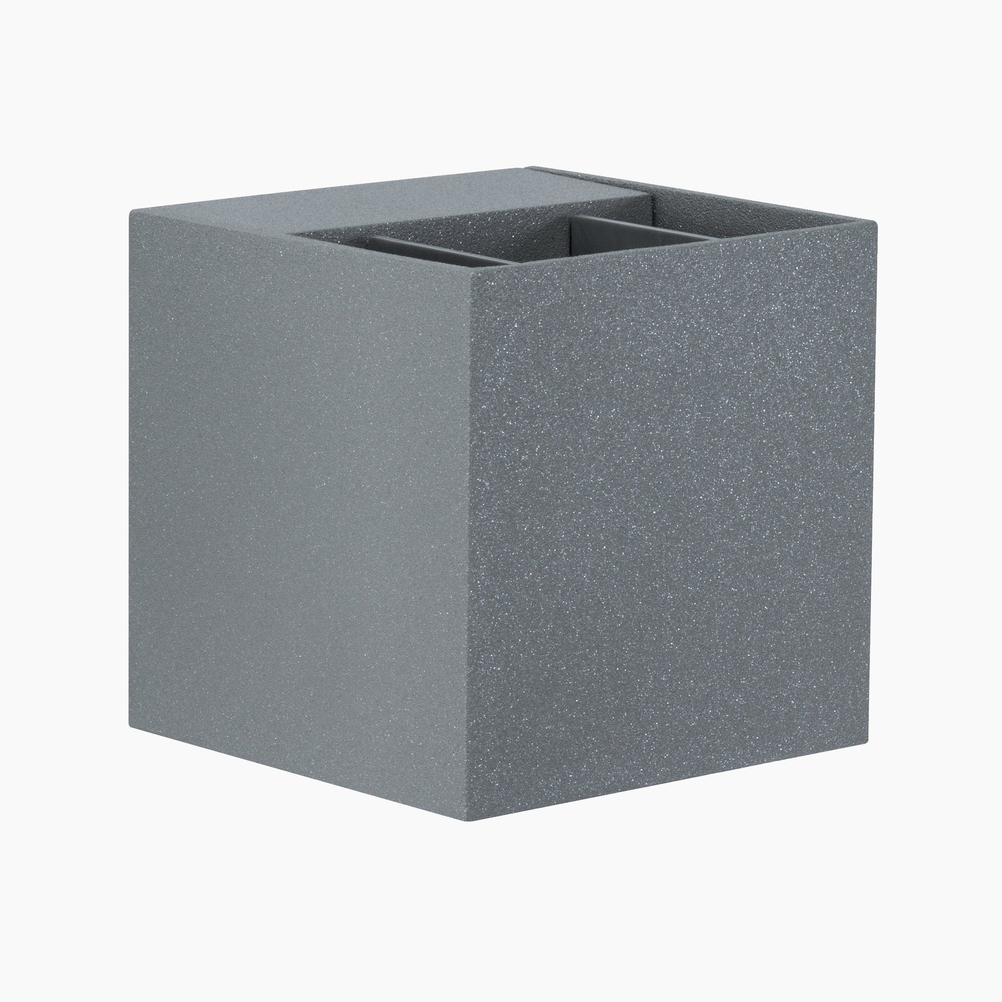 Paulmann's Outdoor Cybo 7.7W LED Wall Light in Grey features a textured, square design with two compartments against a white background, enhanced by subtle light effects for an elegant touch.