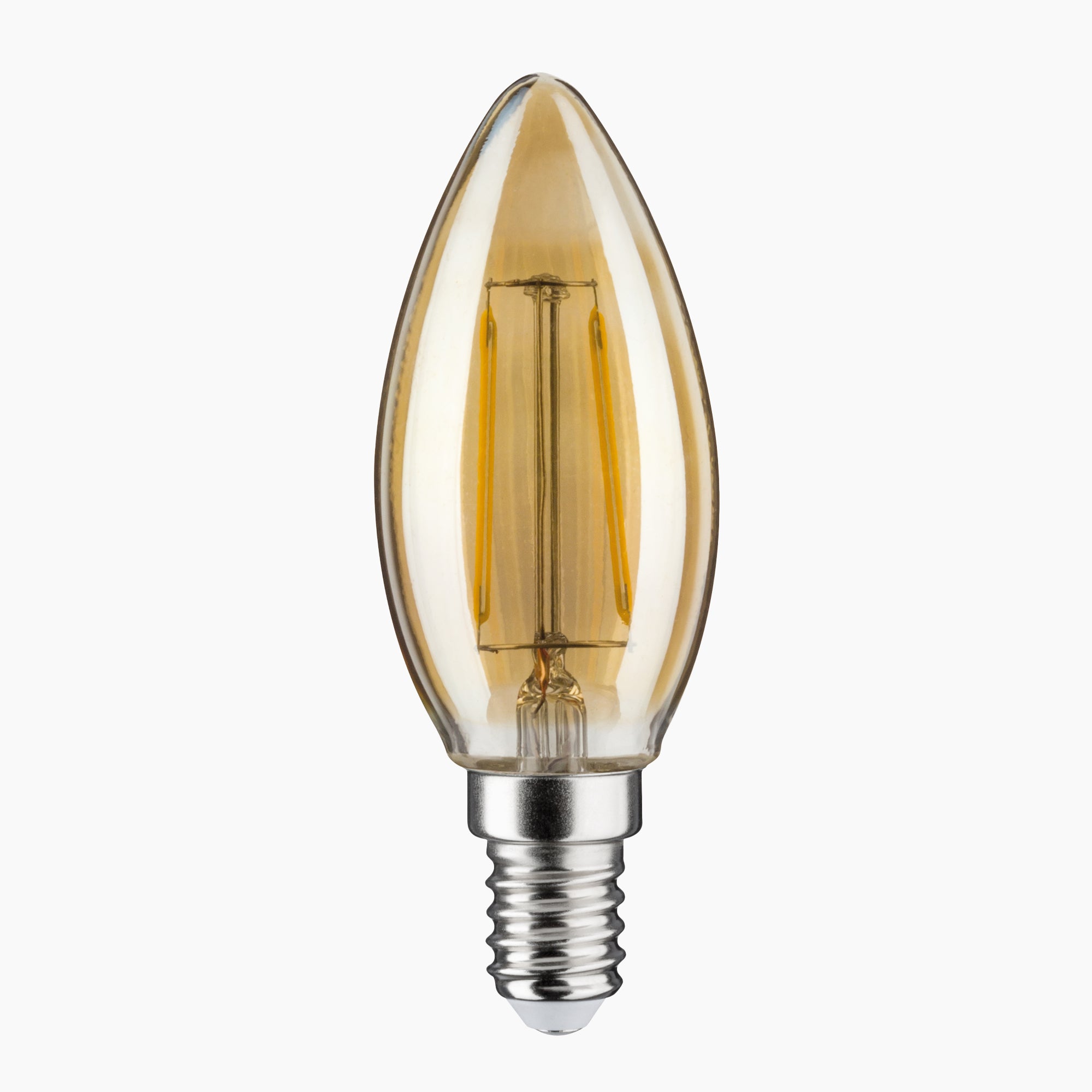 Embrace the classic allure of the Paulmann Filament LED Candle Bulb 2W E14, offering energy-saving LED technology and an E14 screw base. Its elegant design and cozy amber glow create a perfect ambiance in any setting, all showcased against a crisp white background.