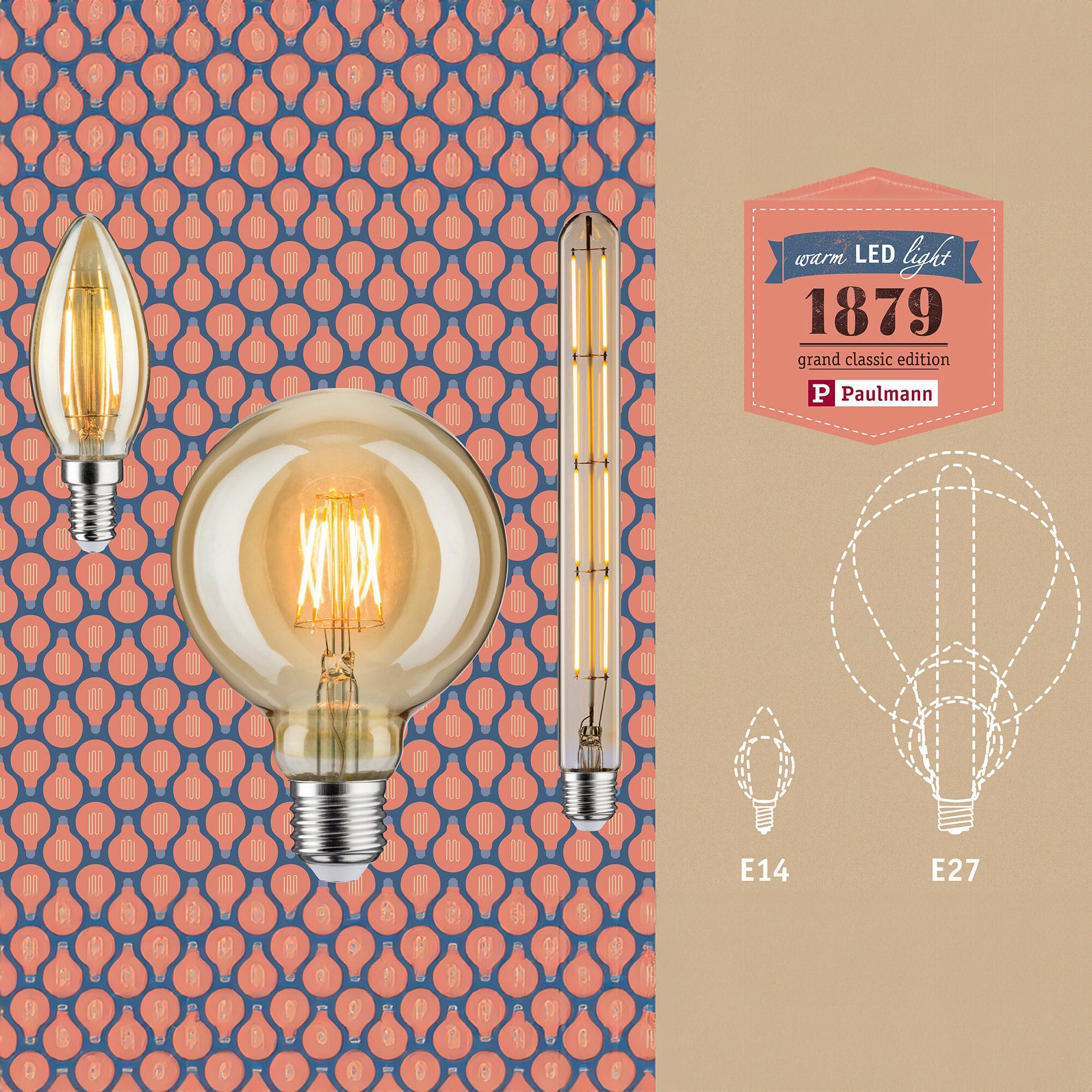 Three Paulmann Filament LED Candle Bulbs, each embracing energy-efficient LED technology, rest elegantly on a patterned background. They bear the label "1879 grand classic edition," seamlessly combining contemporary innovation with timeless vintage charm.