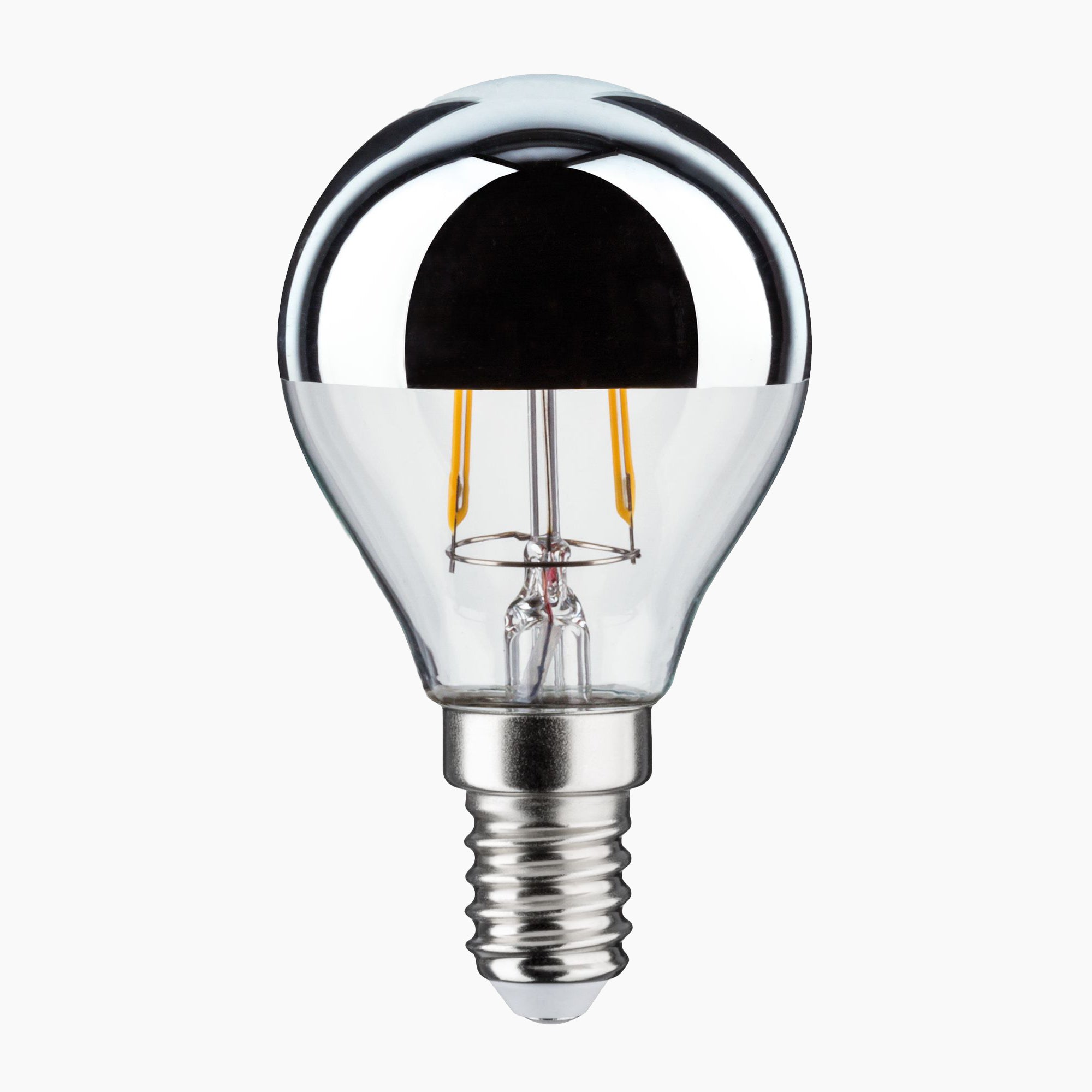 The Paulmann - Standard LED Drop Crown Mirror Bulb 2.6W E14 Silver features a silver cap and exposed filament, emitting a warm white light against a plain white background.