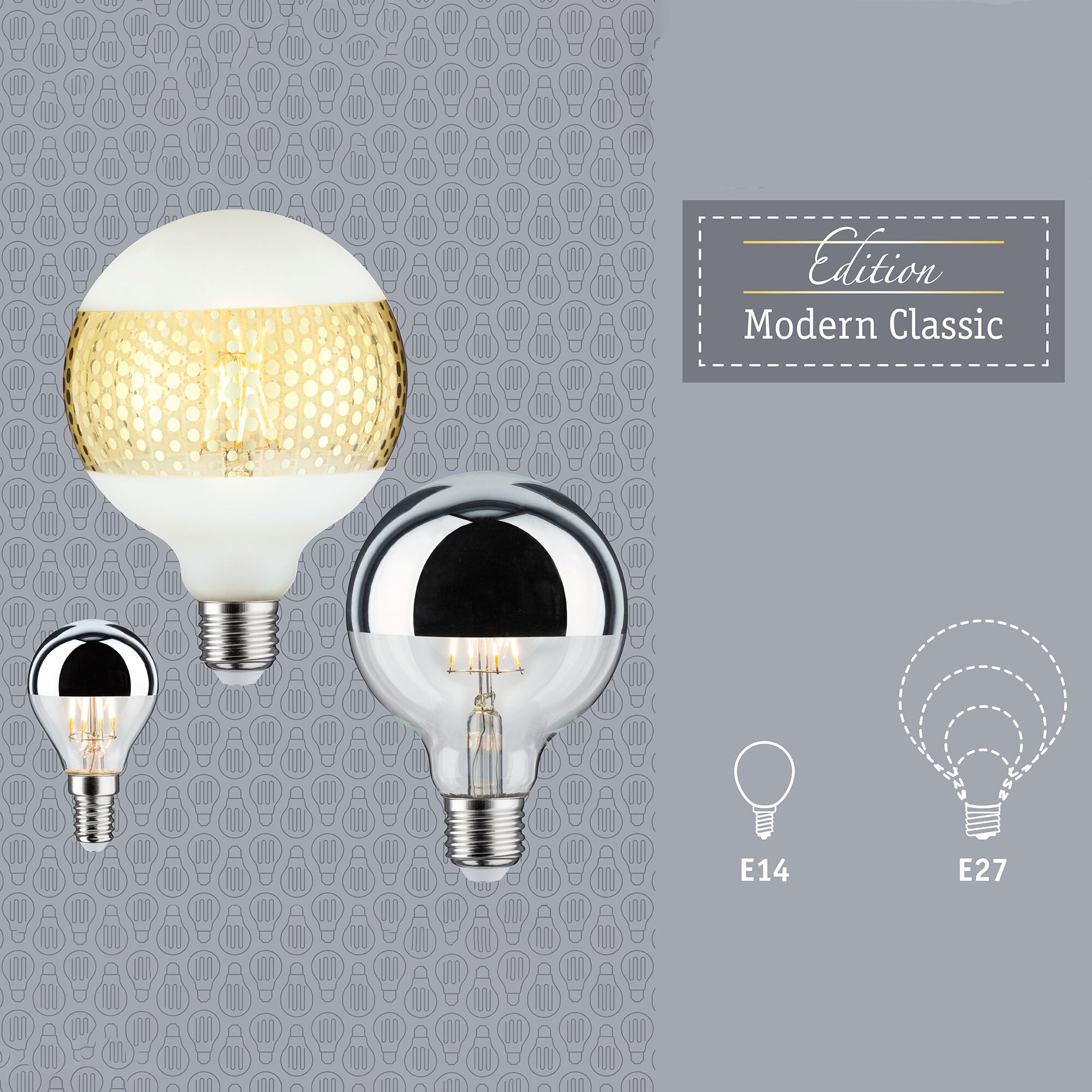 The Paulmann - Standard LED Drop Crown Mirror Bulb 2.6W E14 Silver, along with two other stylish bulbs, emits a warm white light against a patterned background and is labeled as "Edition Modern Classic.