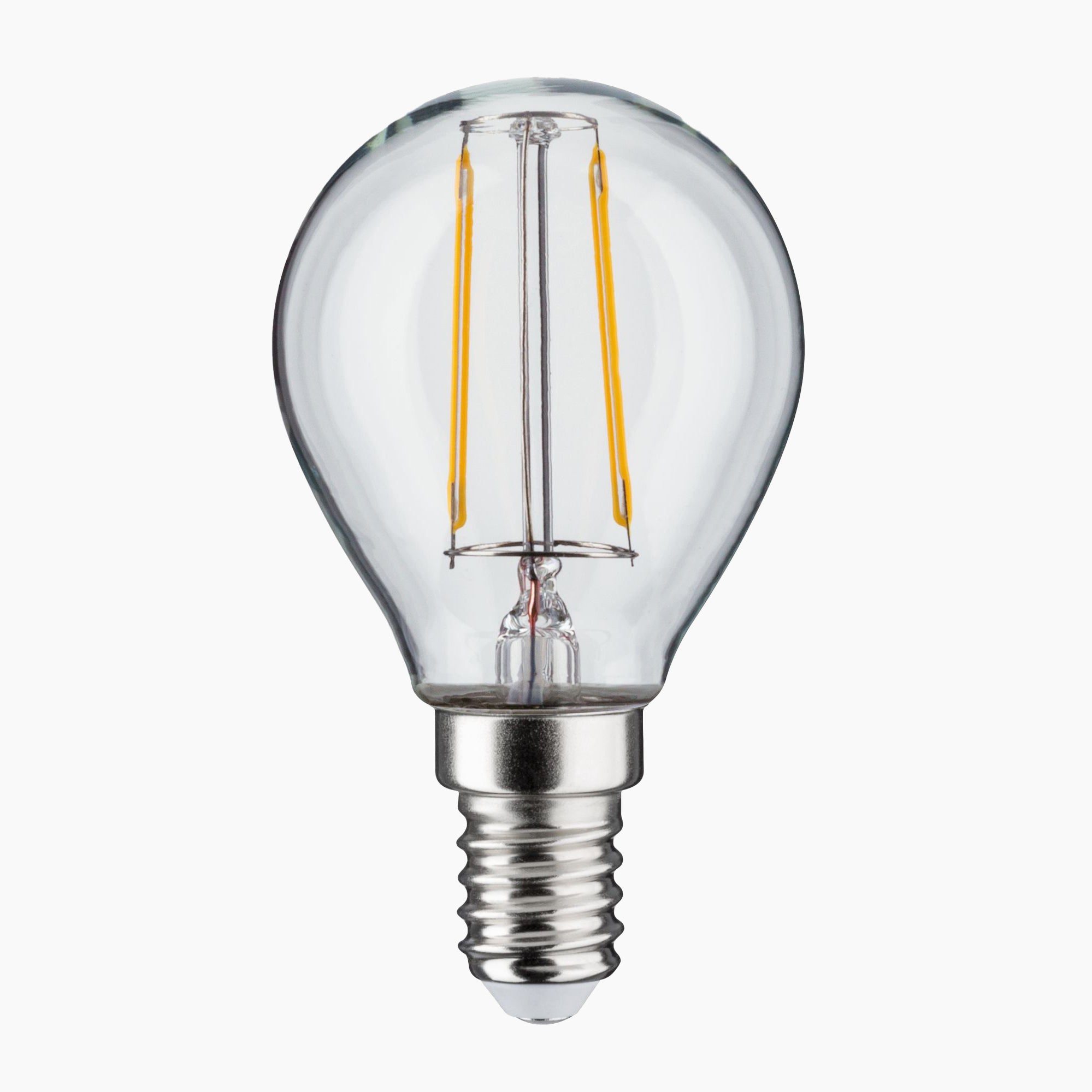 The Paulmann Filament LED Drop Bulb 2.6W E14 in warm white features a clear, drop-shaped design with a metal base, emitting an eye-friendly, warm white light against a white background.