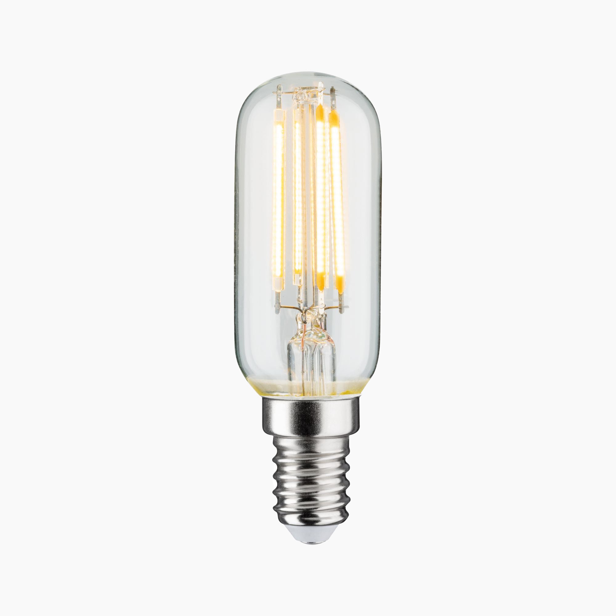 The Paulmann - Filament LED Tube Bulb 4.8W E14 Warm White is a vintage-style bulb with an LED filament design, featuring a small screw base and emitting warm white light, presented against a white background.