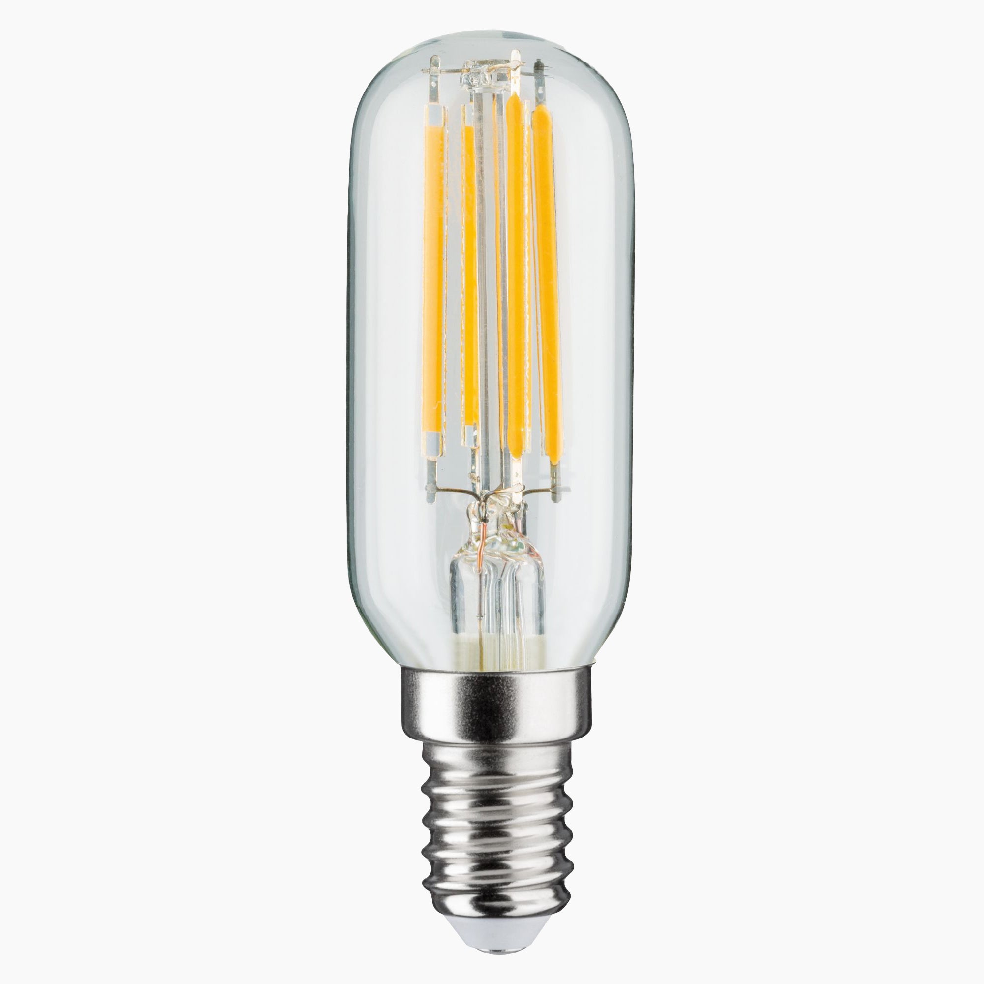 The Paulmann Filament LED Tube Bulb, featuring a metallic base and exposed filaments, emits warm white light.