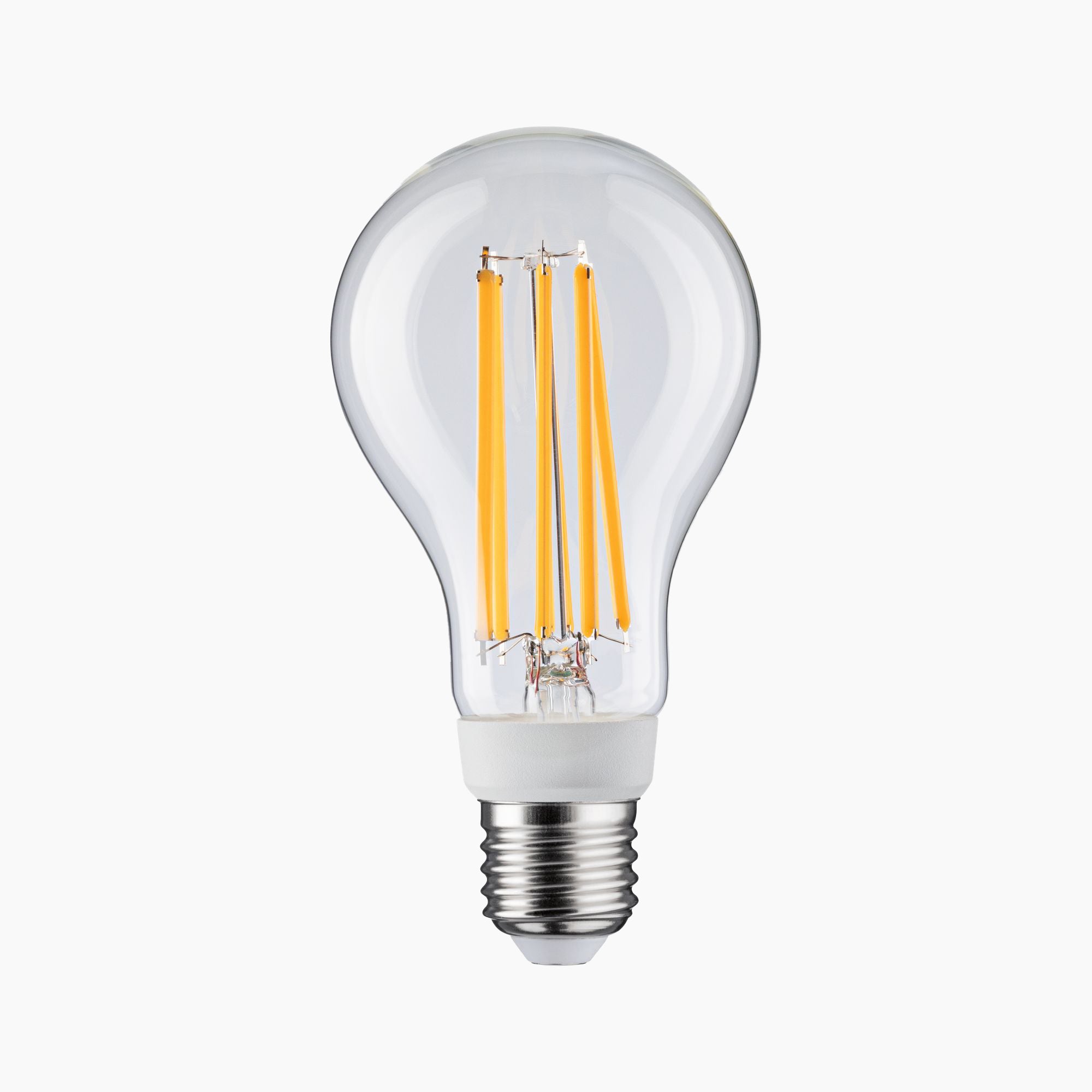 The Paulmann Filament LED Pear Bulb 15W E27 Warm White features a visible filament, metal base, and transparent glass, isolated on a white background.