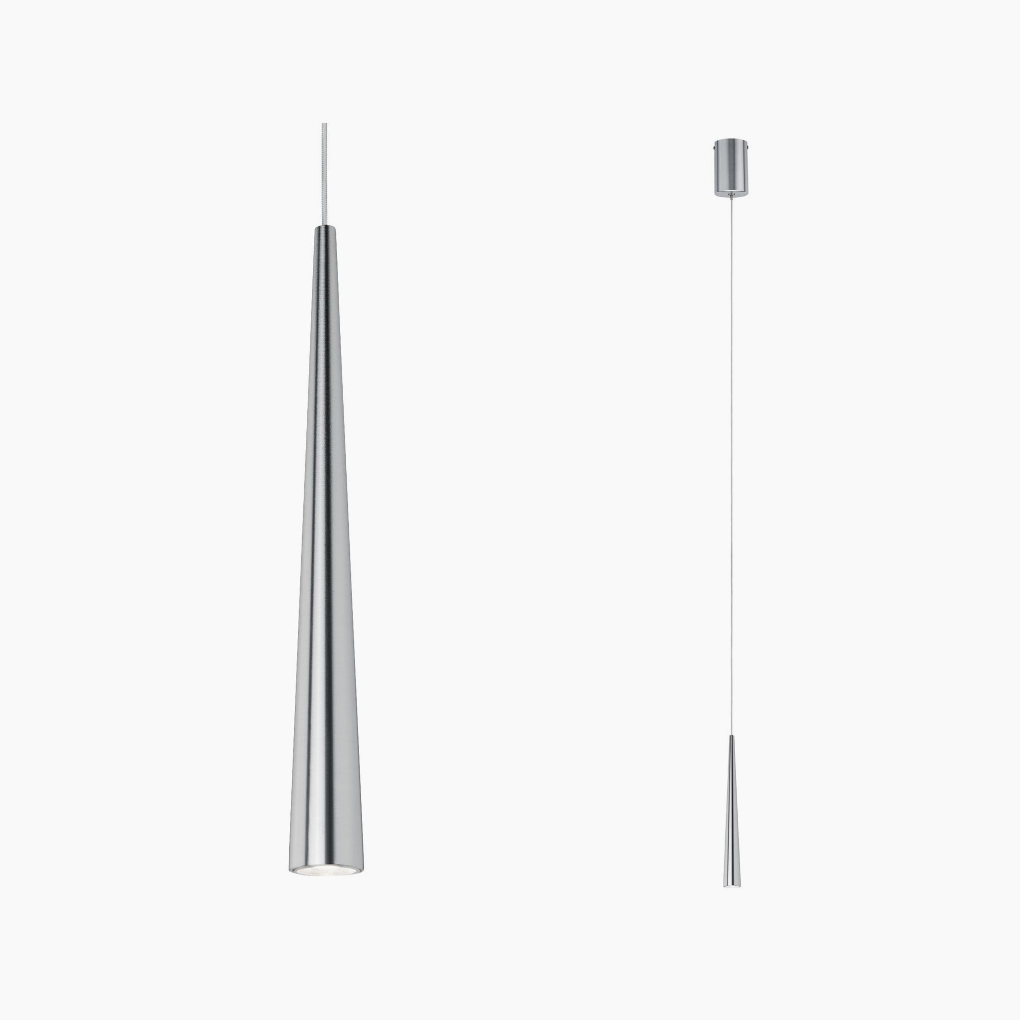 Two Paulmann Gutta 8.5W LED pendant lights in brushed aluminium, featuring a sleek cone shape and metallic finish, hang elegantly from adjustable cables against a white background.